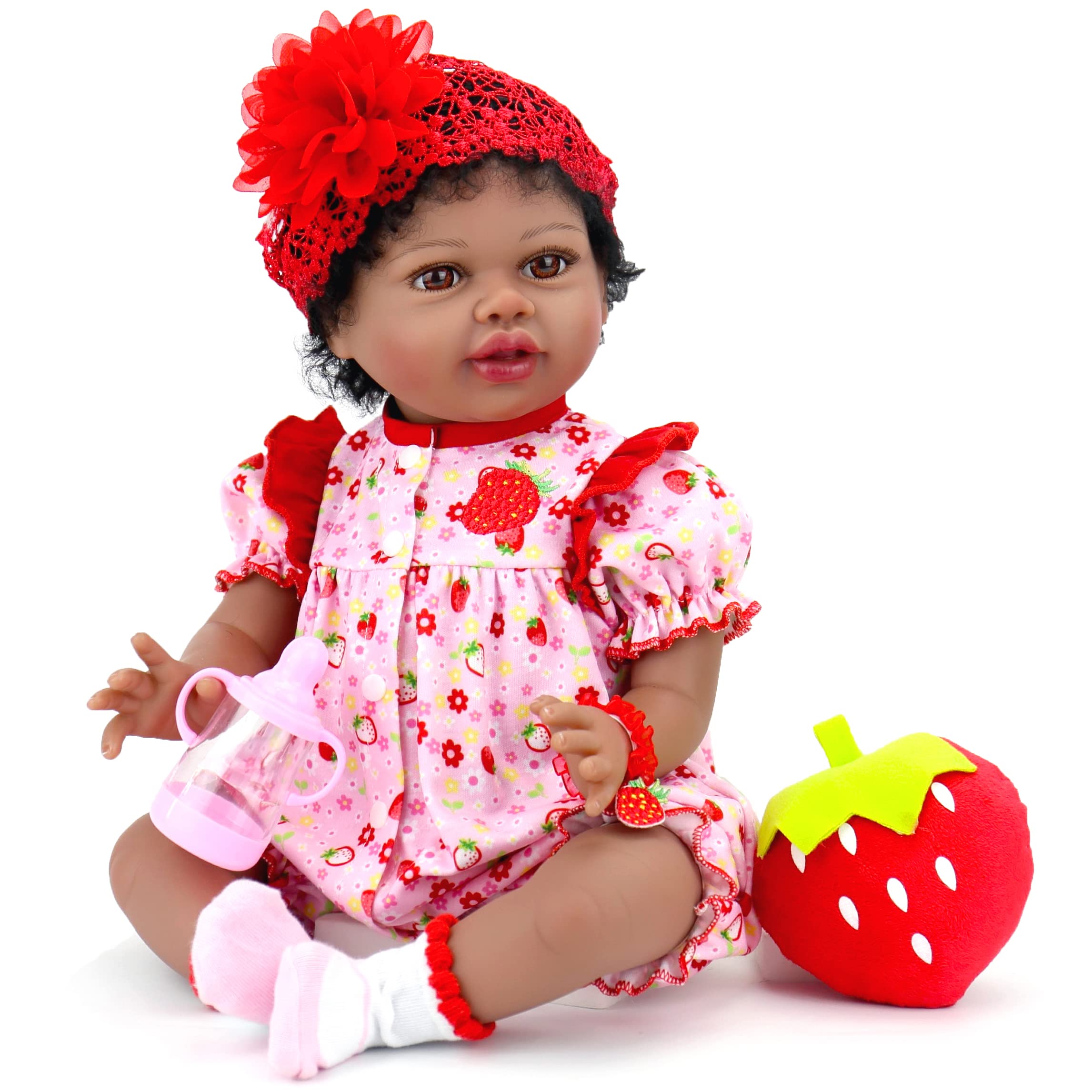 AoriReborn Baby Dolls Lifelike Black- 22 Inch Realistic Black American Newborn Baby Girls That Look Real Body Weighted Soft Body Real Life Toddler Doll Strawberry Gift Set for Ages 3+