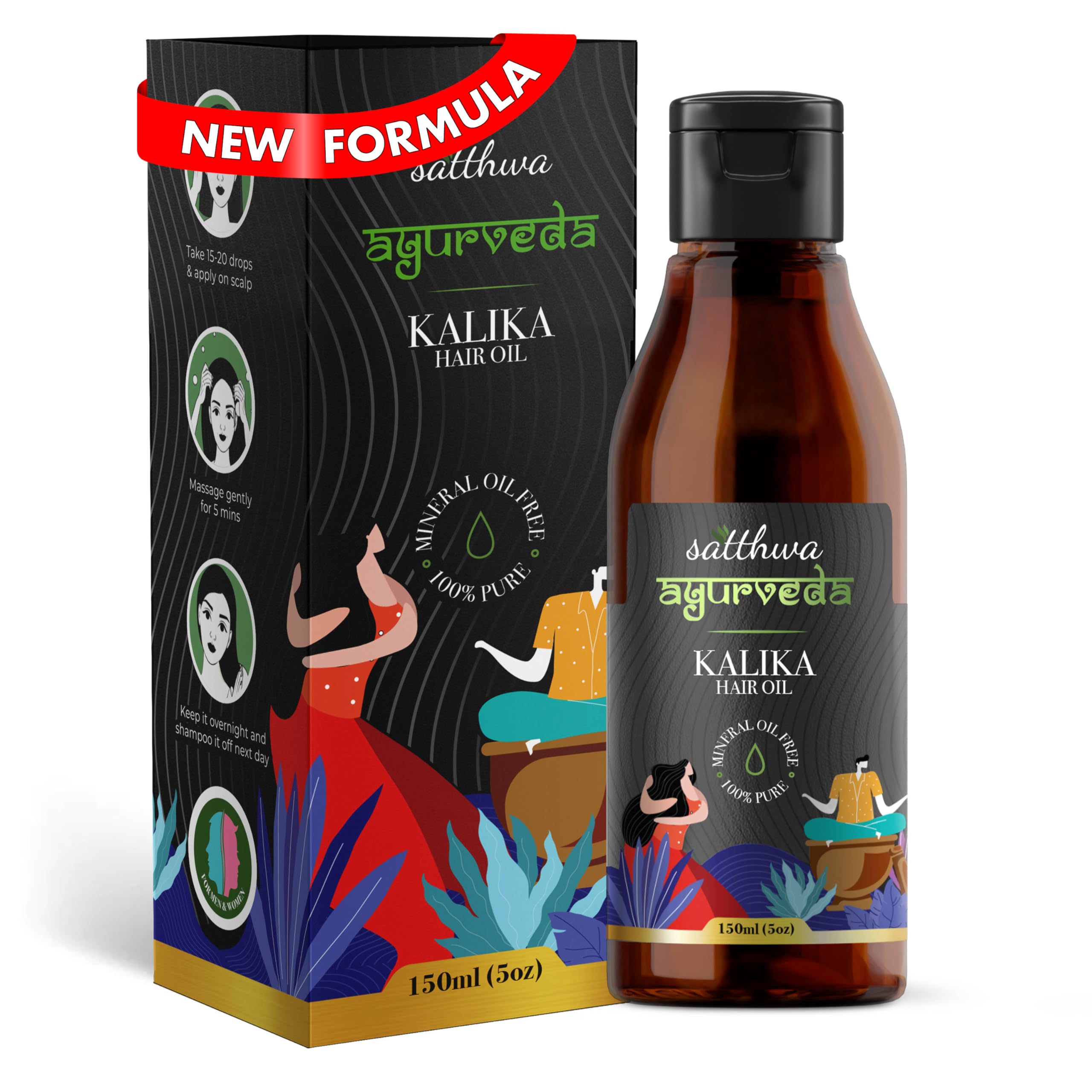 Satthwa Kalika Hair Oil, 150Ml Ayurvedic Anti-Grey Solution For Unisex With Ridge Gourd, Hibiscus, Bhringraj For Darkening Hair, Delays Greying, Strengthens, Adds Shine & Reduces Hair Fall