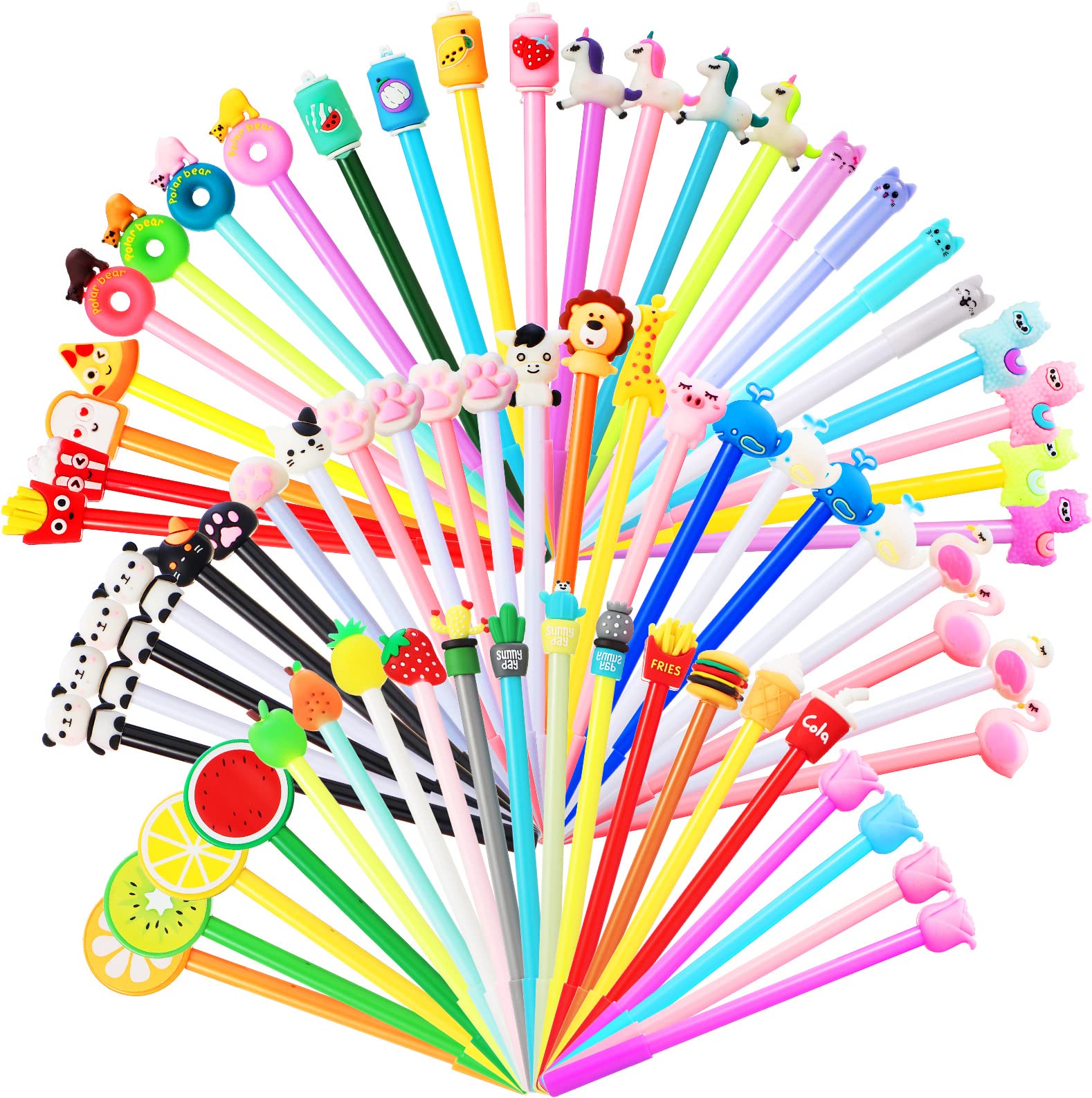 68 Pack Cute Cartoon Gel Black Ink Pens for Kids Novelty Fun Pens Bulk Assorted Styles Writing Pens Animal Fruit Food Pens for Birthday Present Office School Supplies