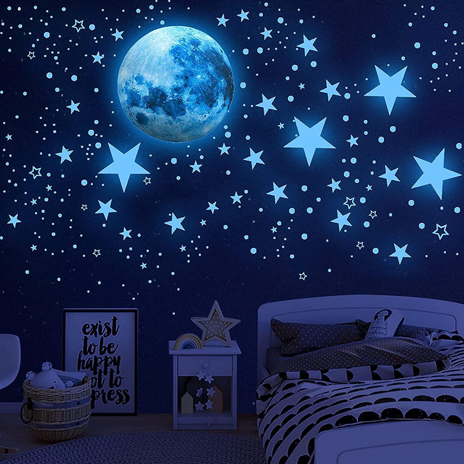 1086Pcs Glow in The Dark Stars, Glow in The Dark Moon for Ceiling Planets Space Wall Stickers Solar System Galaxy Wall Decals for Kids Boys Bedroom Living Room Decoration -Blue