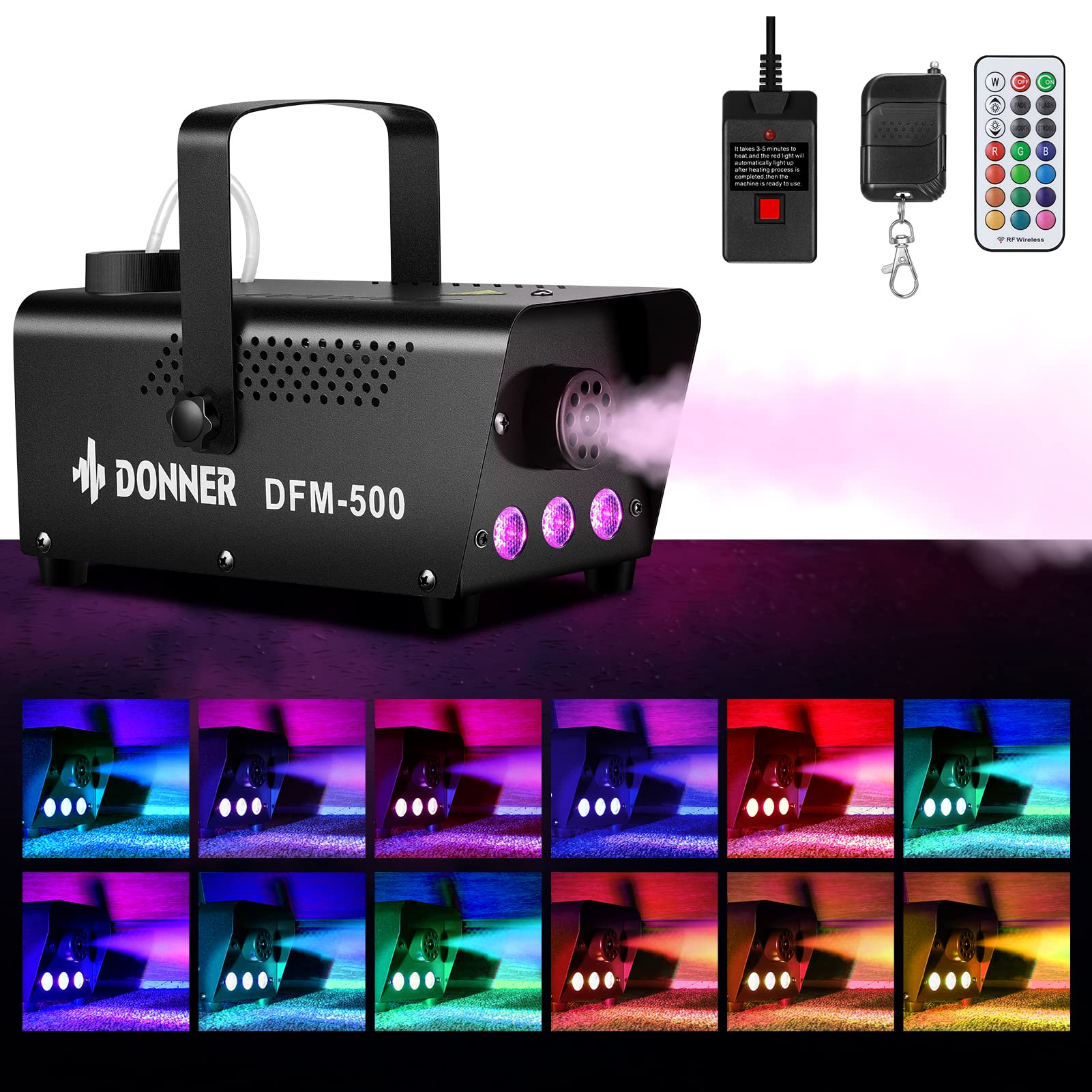 Donner Fog Machine with 13 Colors, 500W and 2000CFM Party Smoke Machine with RGB LED Light, Indicate Light Automatic Control with 2 Wireless Remote Controls for Halloween Festival Wedding