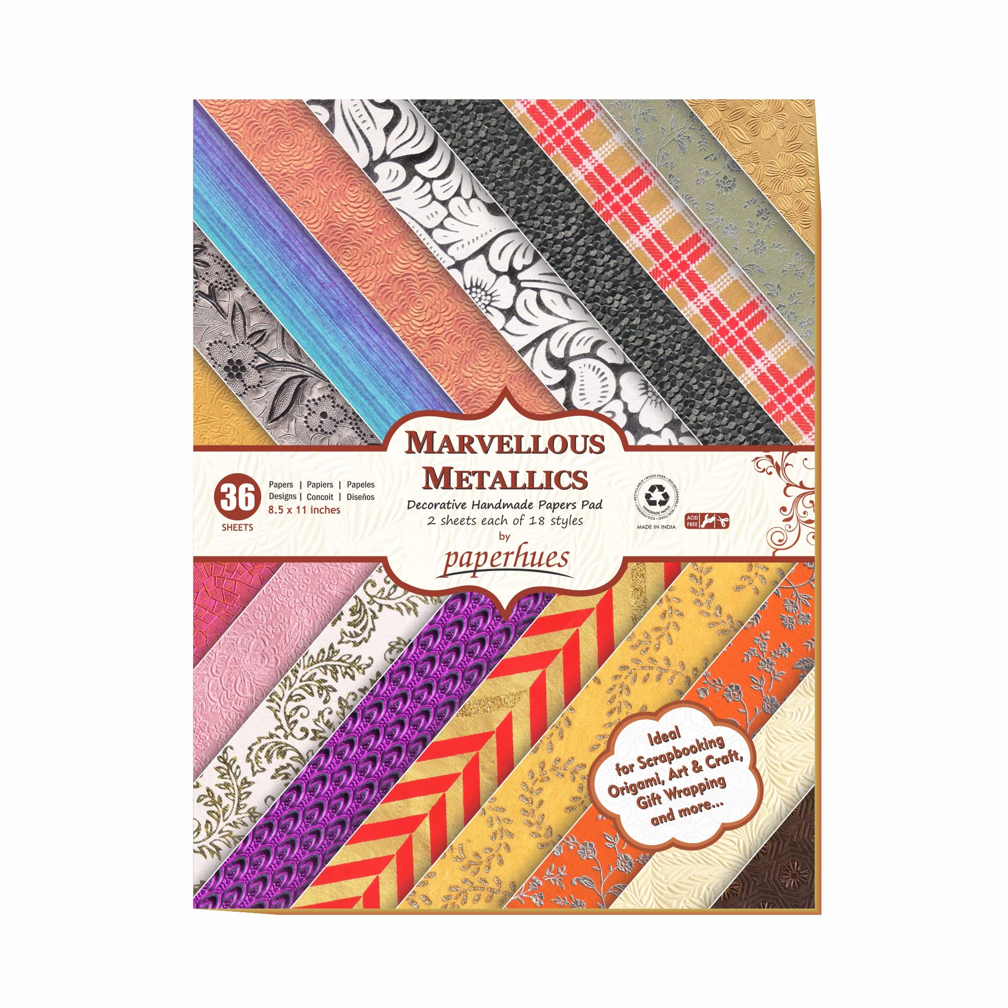 Paperhues Marvellous Metallics Scrapbook Paper 8.5x11" Pad, 36 Sheets