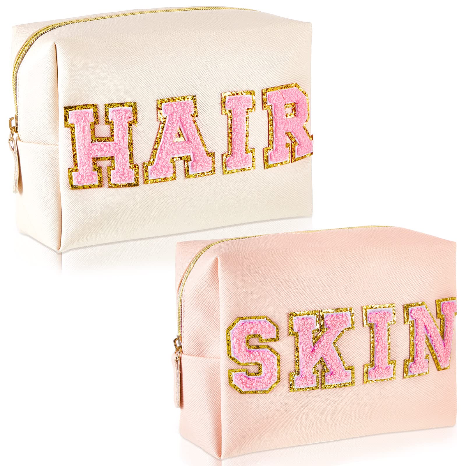 Patelai 2 Pcs Preppy Makeup Bags Chenille Letter Patch Bag Face Skin Hair Stuff Aesthetic Cosmetic Bag Travel Zipper Pouch Makeup Organizer Graduation Gift for Girls (White, Pink,Hair, Skin)