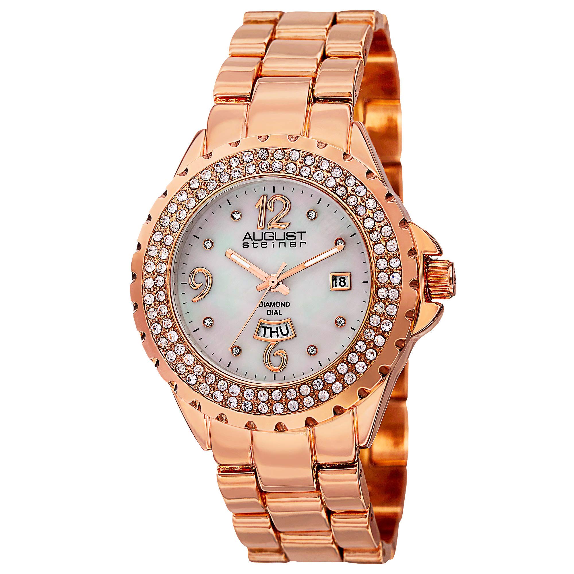 August SteinerWomen's Crystal Bezel Fashion Watch - White Mother of Pearl Diamond Dial with Big Number Hour Markers + Bonus Day of Week and Date Window on Bracelet