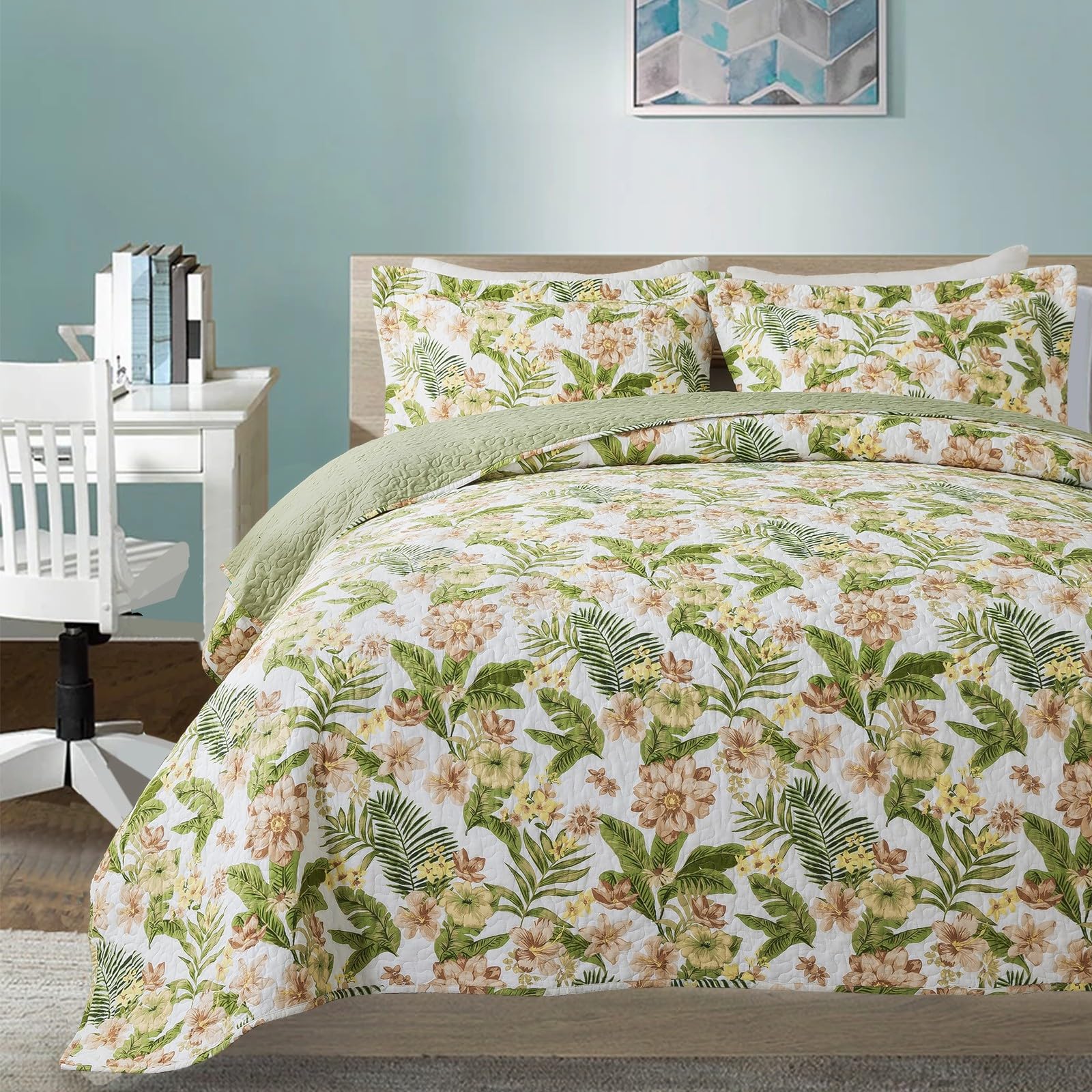 NEWLAKECotton Bedspread Quilt Sets - Reversible Patchwork Coverlet Set, Green/Pink Floral Pattern, King Size