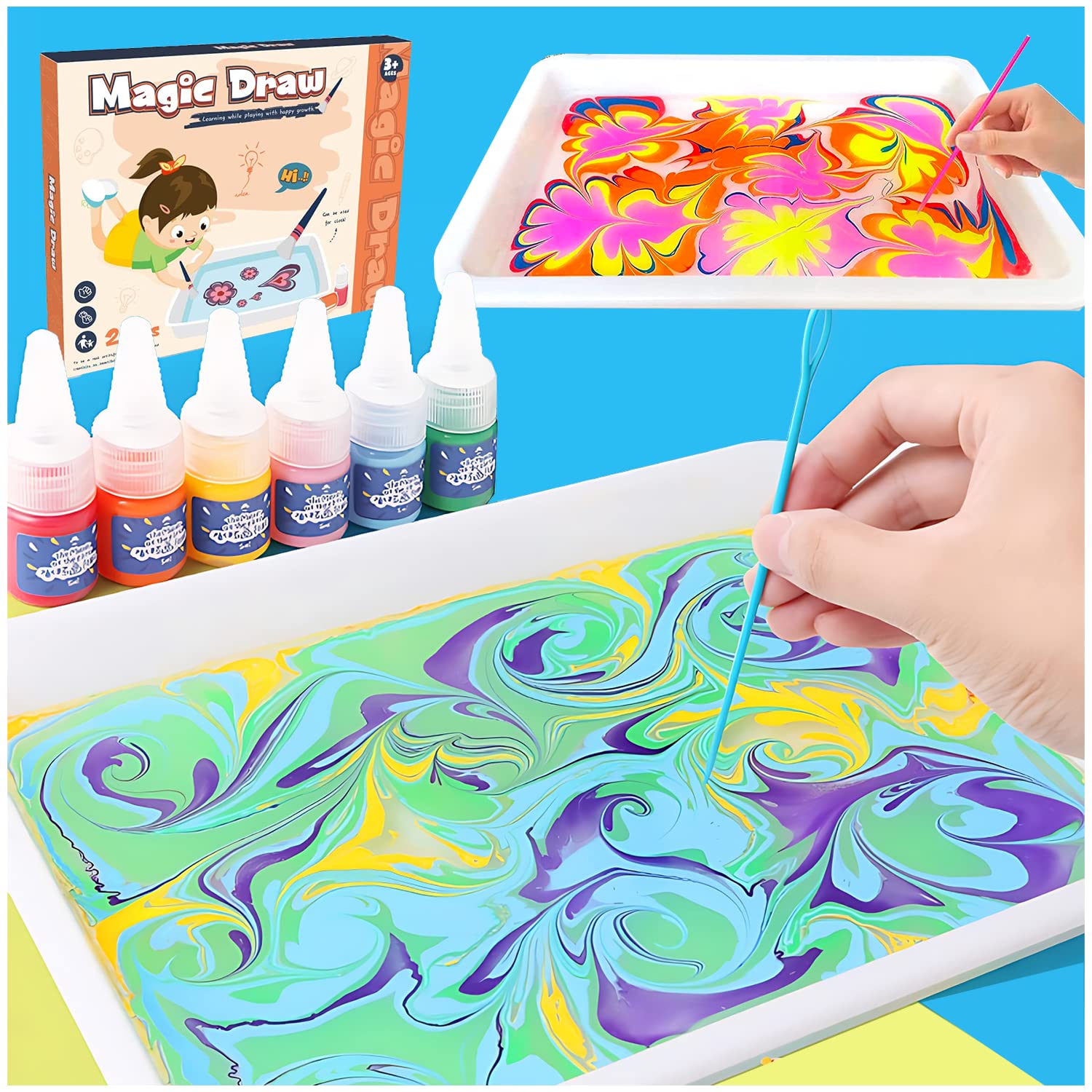 Marbling Paint Kit Arts and Crafts for Kids Boys Girls, Water Art Paint Set, Gifts for Kids Age 3-5 6-8 8-12, Creative Arts Kits for Kids & Adults, STEM Toys Art Suppliers, 6 Colors-Experience Kit