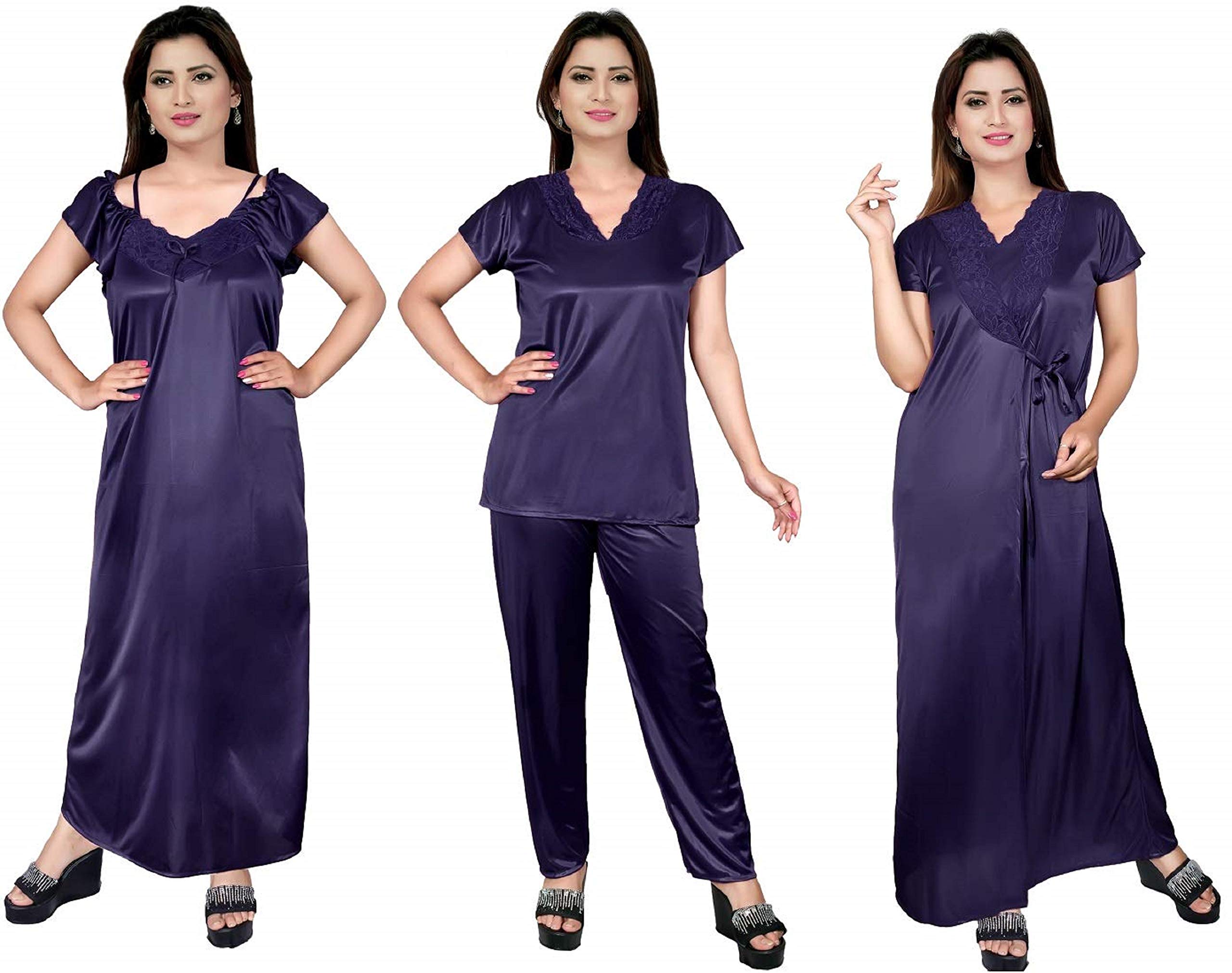 DIVINE PARIDHAANWomen's Satin Nighty 4 Set (Robe, Nighty, Top, Payjama)