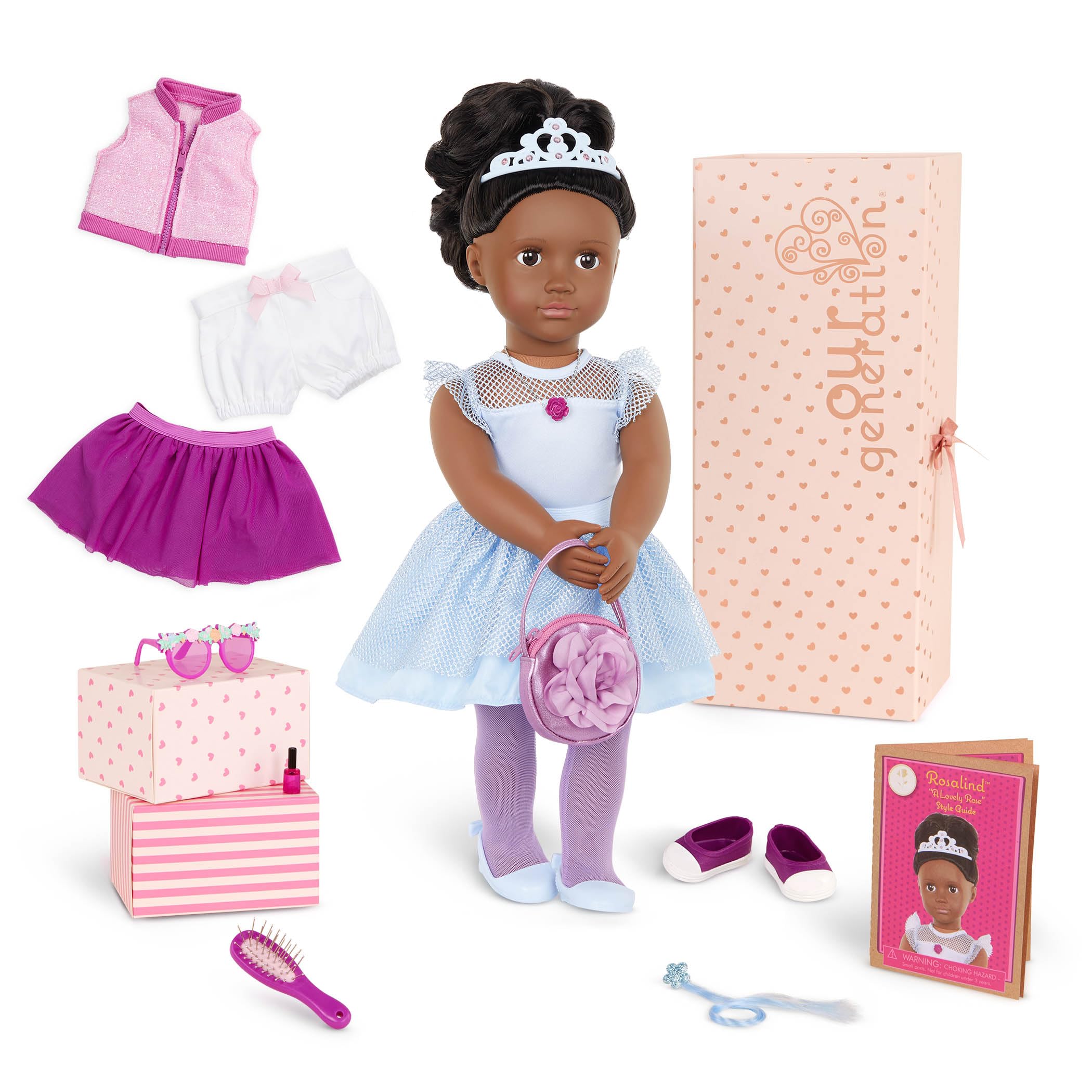 Our Generation46 cm Floral Fashion Starter Doll - Rosalind - Dark Brown Hair & Eyes - 3 Outfits & Styling Accessories in Gift Box - Pretend Play - Toys for Kids Ages 3+