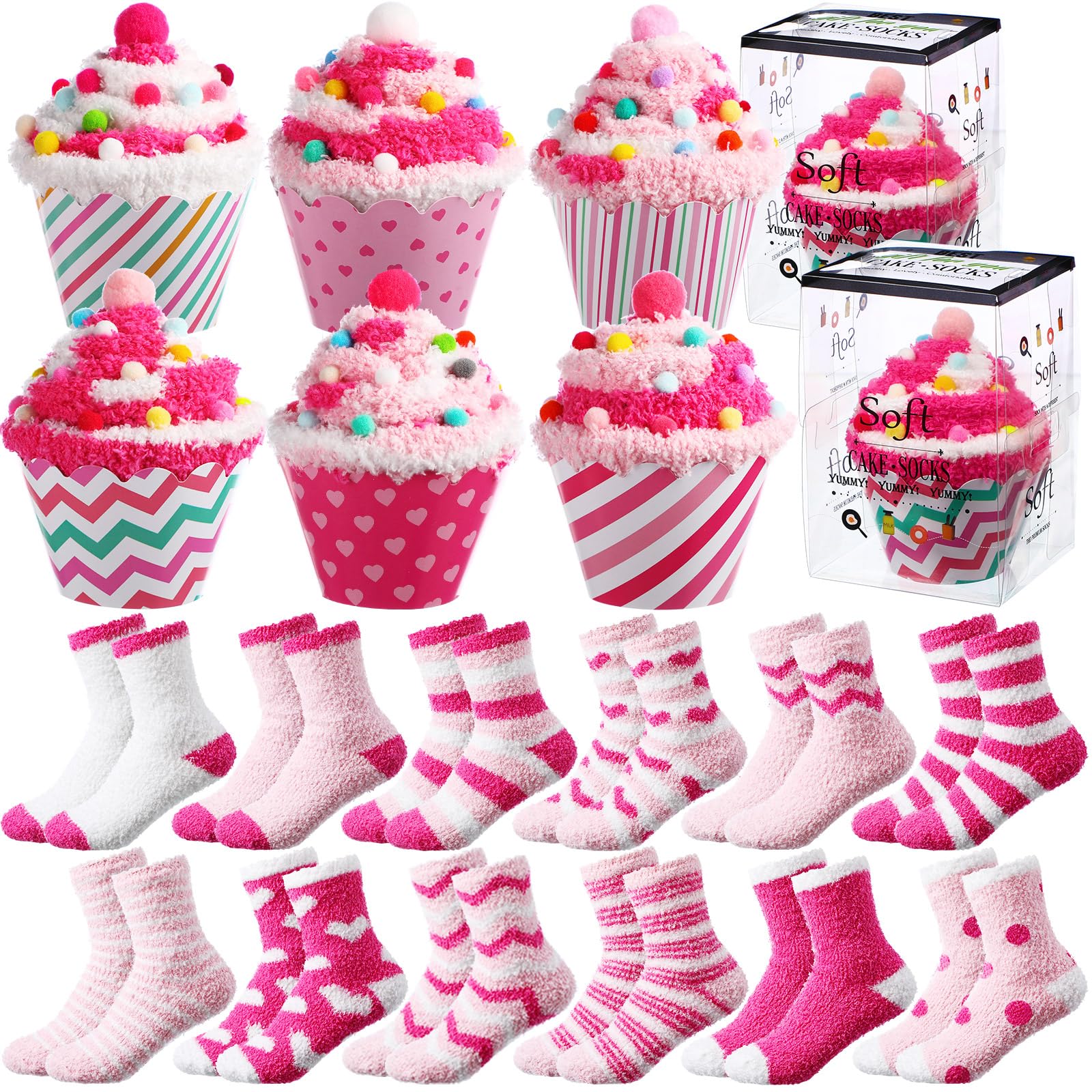 Geyoga12 Pair Christmas Cupcake Socks Fuzzy Christmas Socks for Women Bulk Fluffy Cozy Slipper Socks DIY Christmas Gifts