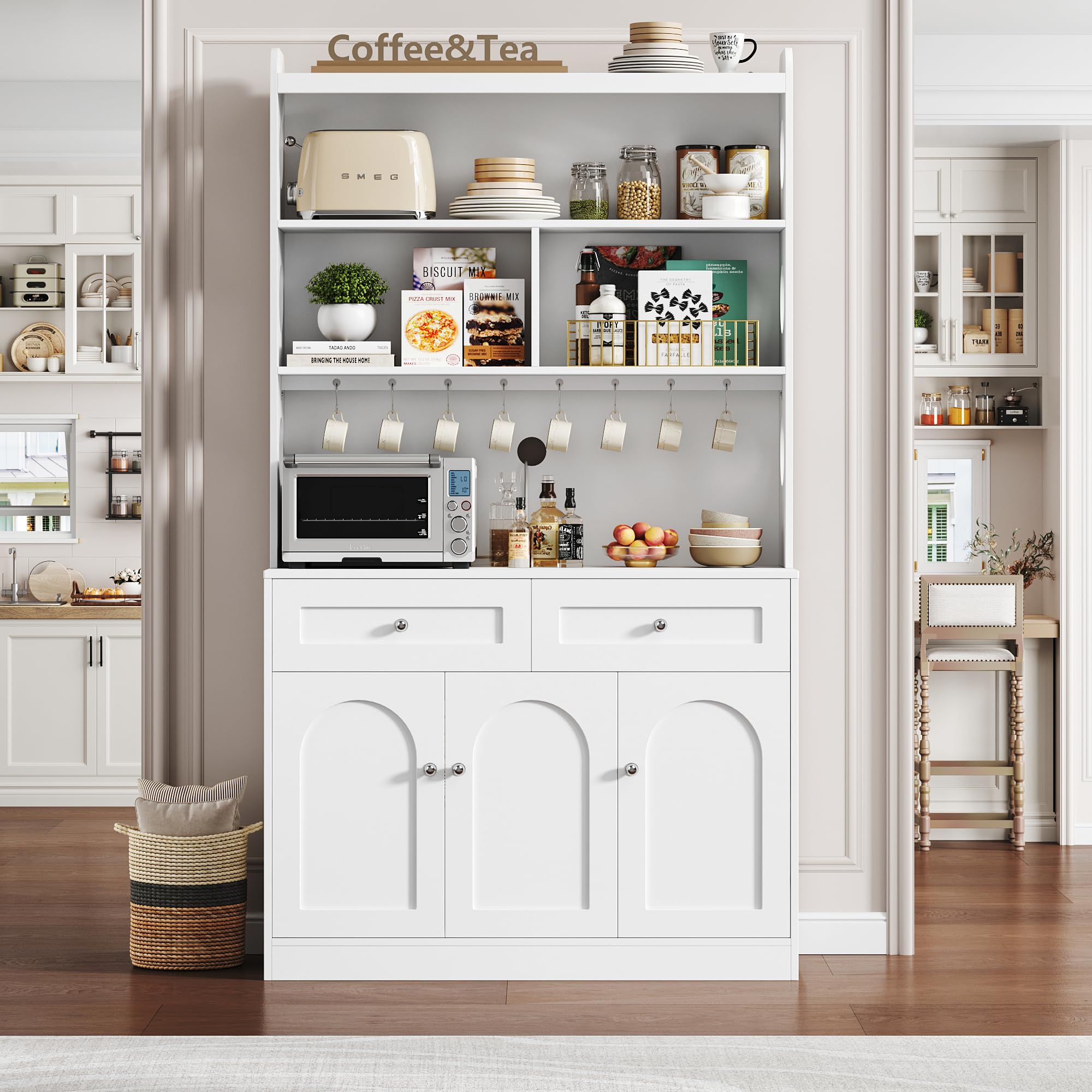 73" Tall Pantry Cabinet with Microwave Stand,Kitchen Hutch Cabinet with Countertop & Drawers & Hooks,Sideboard Buffet Cabinet for Hallway,Living Room,White