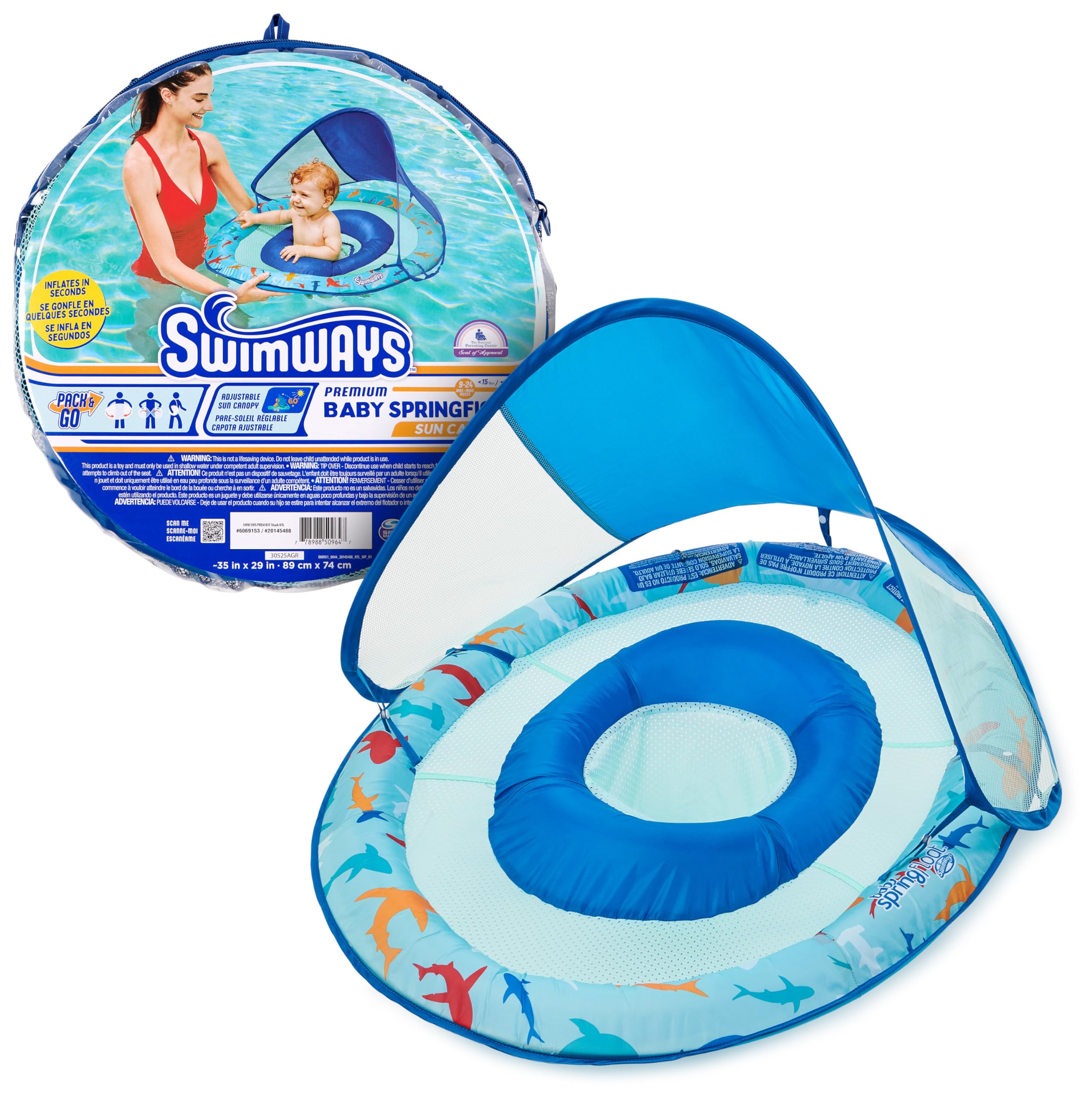 SwimWaysBaby Spring Float, Baby Pool Float with Canopy & UPF Protection, Swimming Pool Accessories for Kids 9-24 Months, Shark