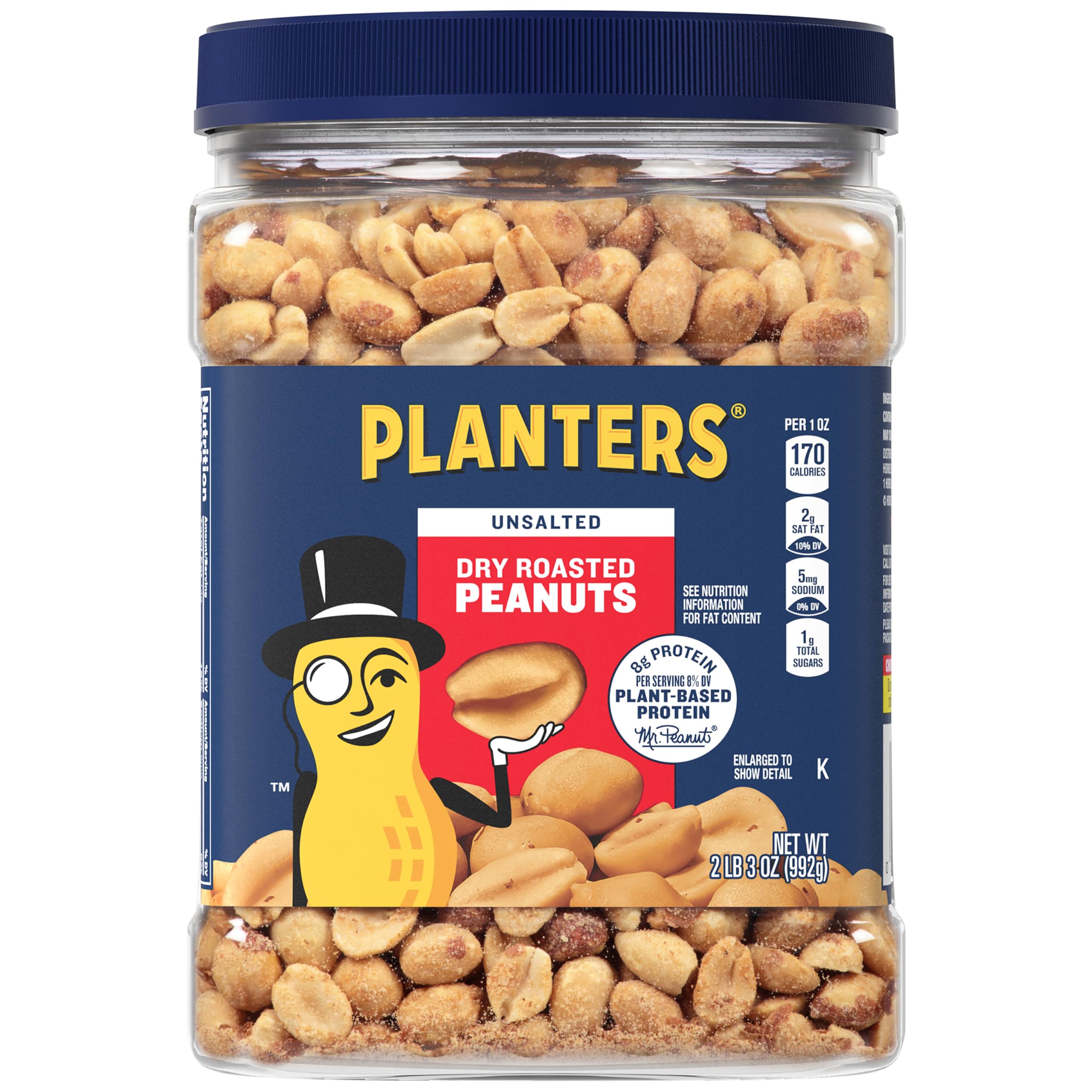 PlantersUnsalted Dry Roasted Peanuts, Resealable Jar, Kosher Nuts, Plant-Based Protein, Quick Snack for Adults, After School Snack, 35 oz Canister