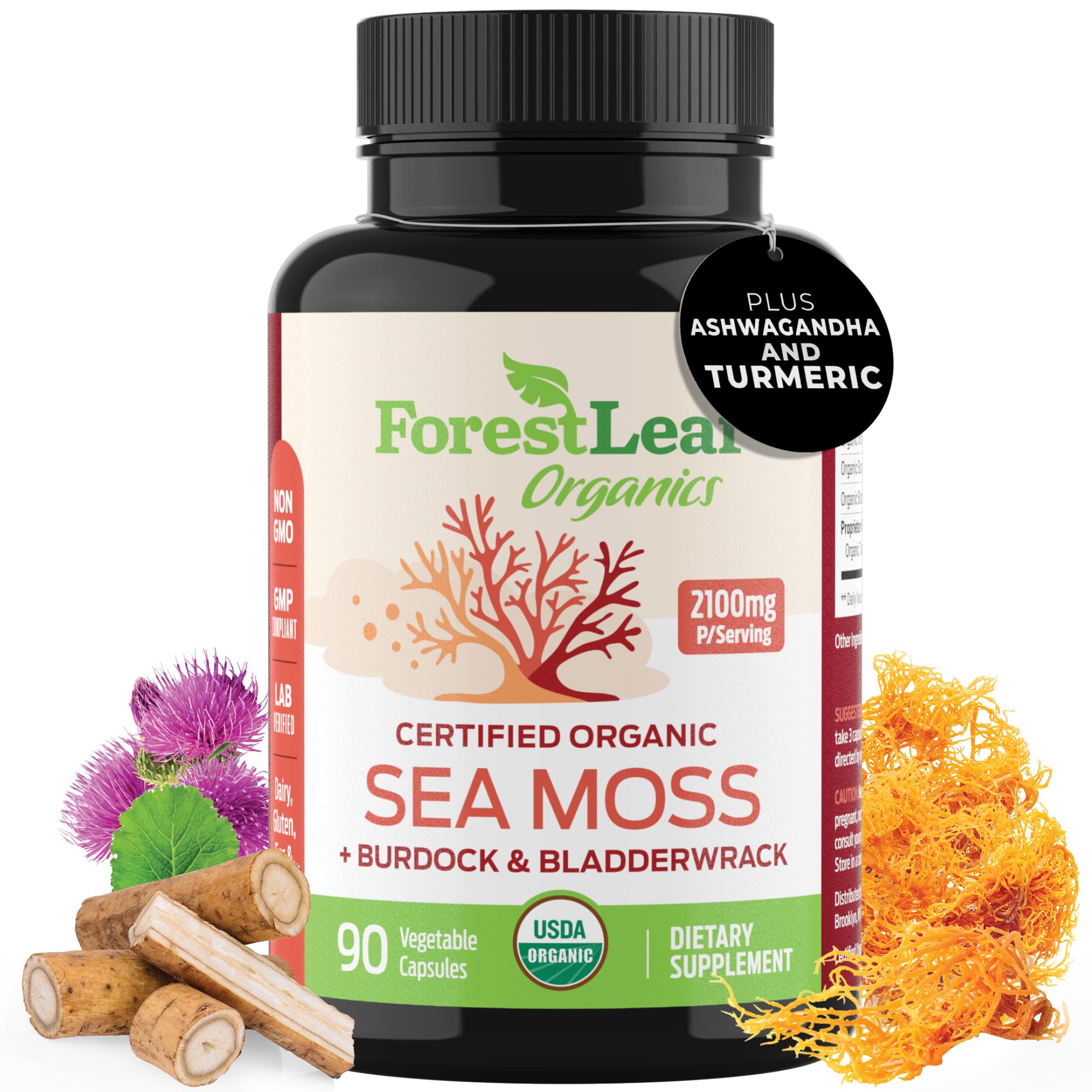 ForestLeaf Organic Irish Sea Moss - 2100mg with Bladderwrack & Burdock Root, Organic Raw Sea Moss Capsules, High Concentration Superfood for Digestive & Respiratory Health and Thyroid, 90 Veggie Pills