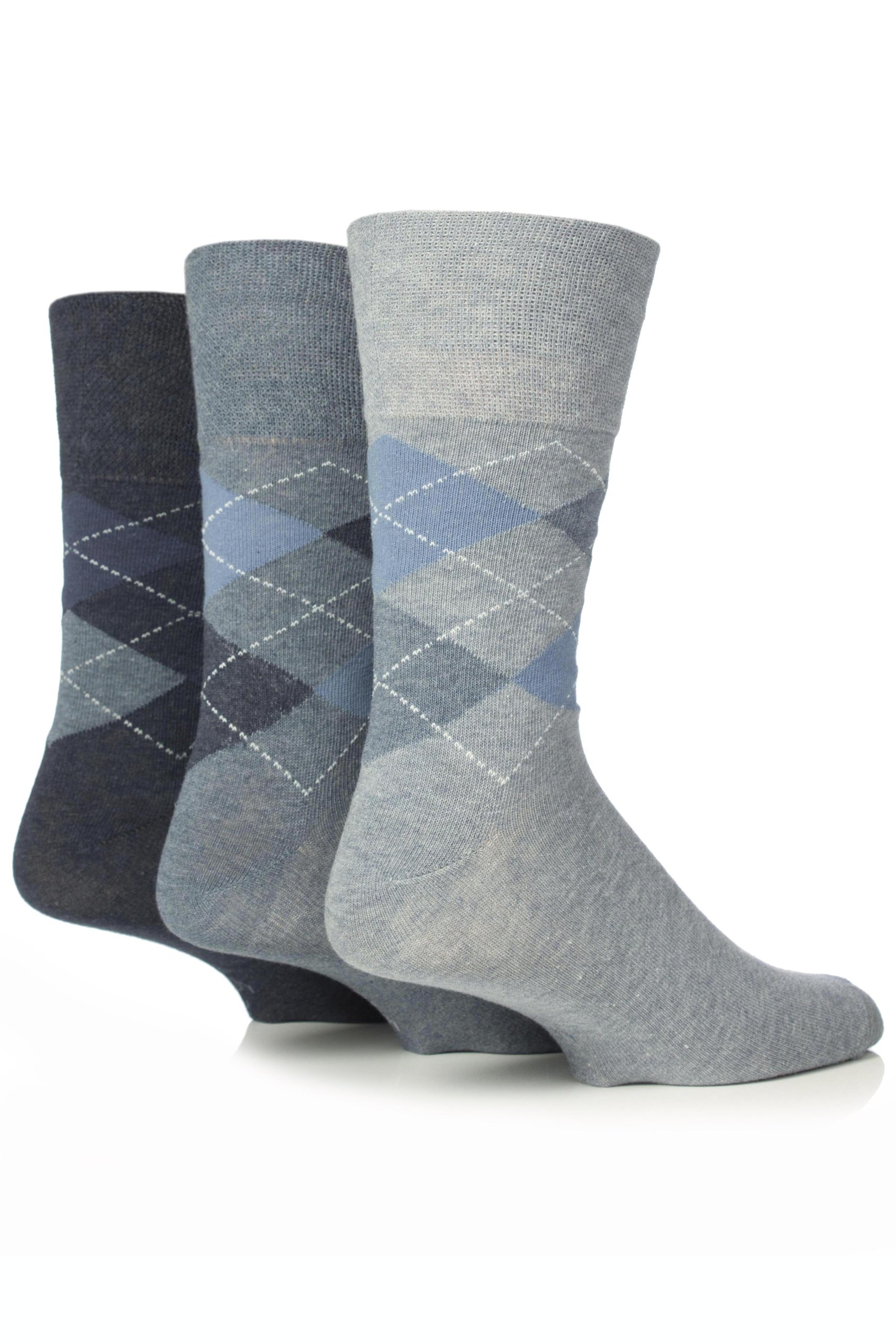 Mens 3 Pair Gentle Grip Argyle Mix Socks Blue