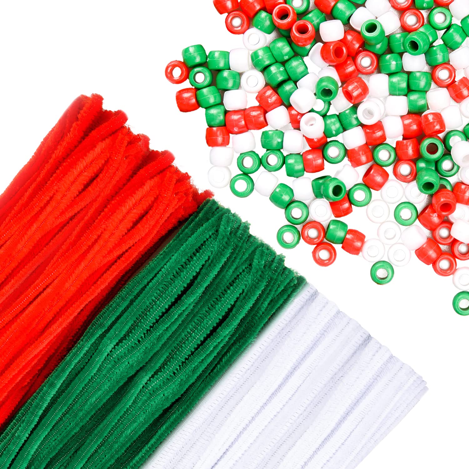 NAUZE 150 Pieces Christmas Pipe Cleaners Pipe Cleaner Chenille Stems with 300 Pieces Red Green White Beads Pony Seed Beads for Christmas DIY Crafts Jewelry Making