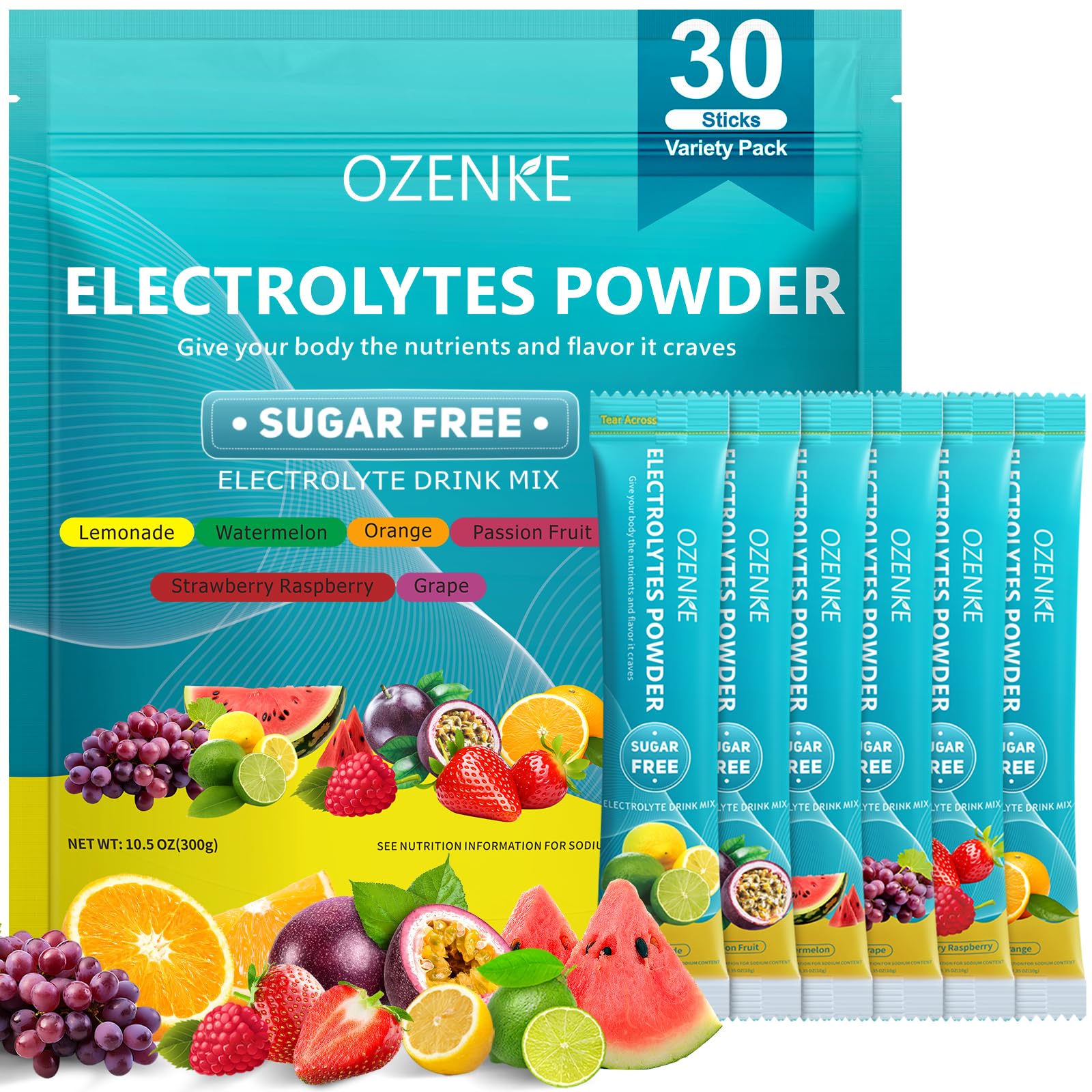 Electrolytes Powder Packets, 30 Sticks Hydration Packets Sugar Free, Electrolyte Drink Mix Travel Electrolyte Packets for Rapid Hydration, 6 Flavors