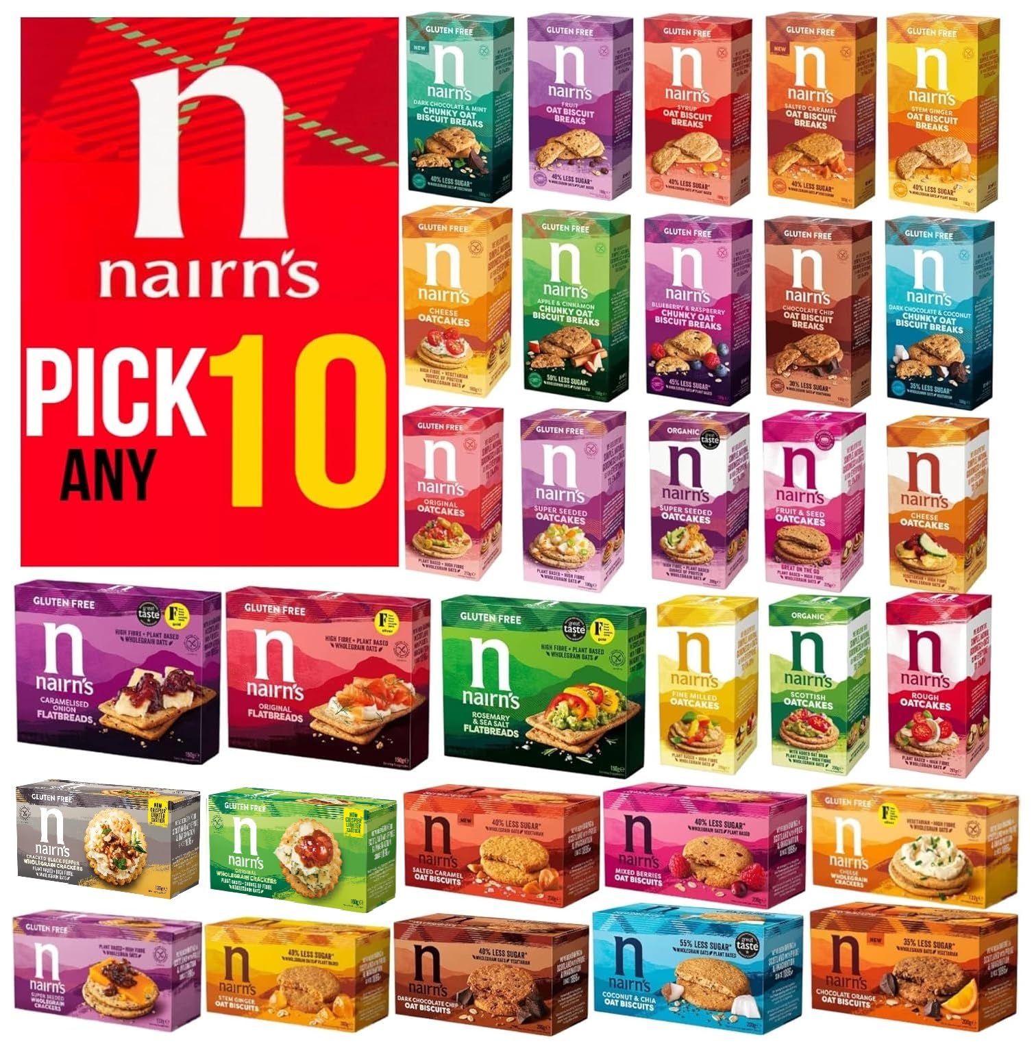 Nairn's PICK ANY 10 Gluten Free & Non-Gluten Free Oat Biscuits, Oatcakes, Crackers, Flatbreads. Flavours inc. Chocolate chip, cheese, fruit and seed, Stem Ginger, Mixed Berries, Salted Caramel Etc.