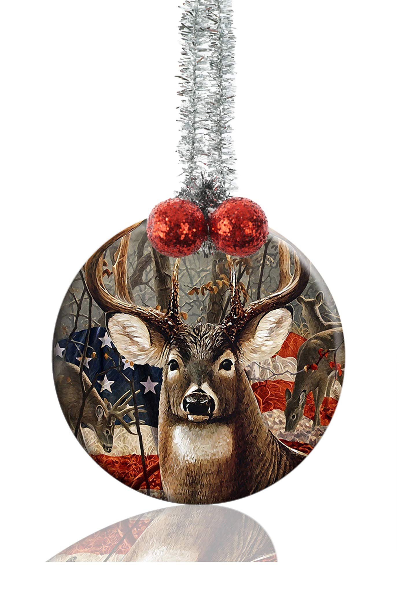 LCTCKP Deer Hunting Season with USA Flag Unique Image Custom Home Round Porcelain Christmas Tree Decoration Gift