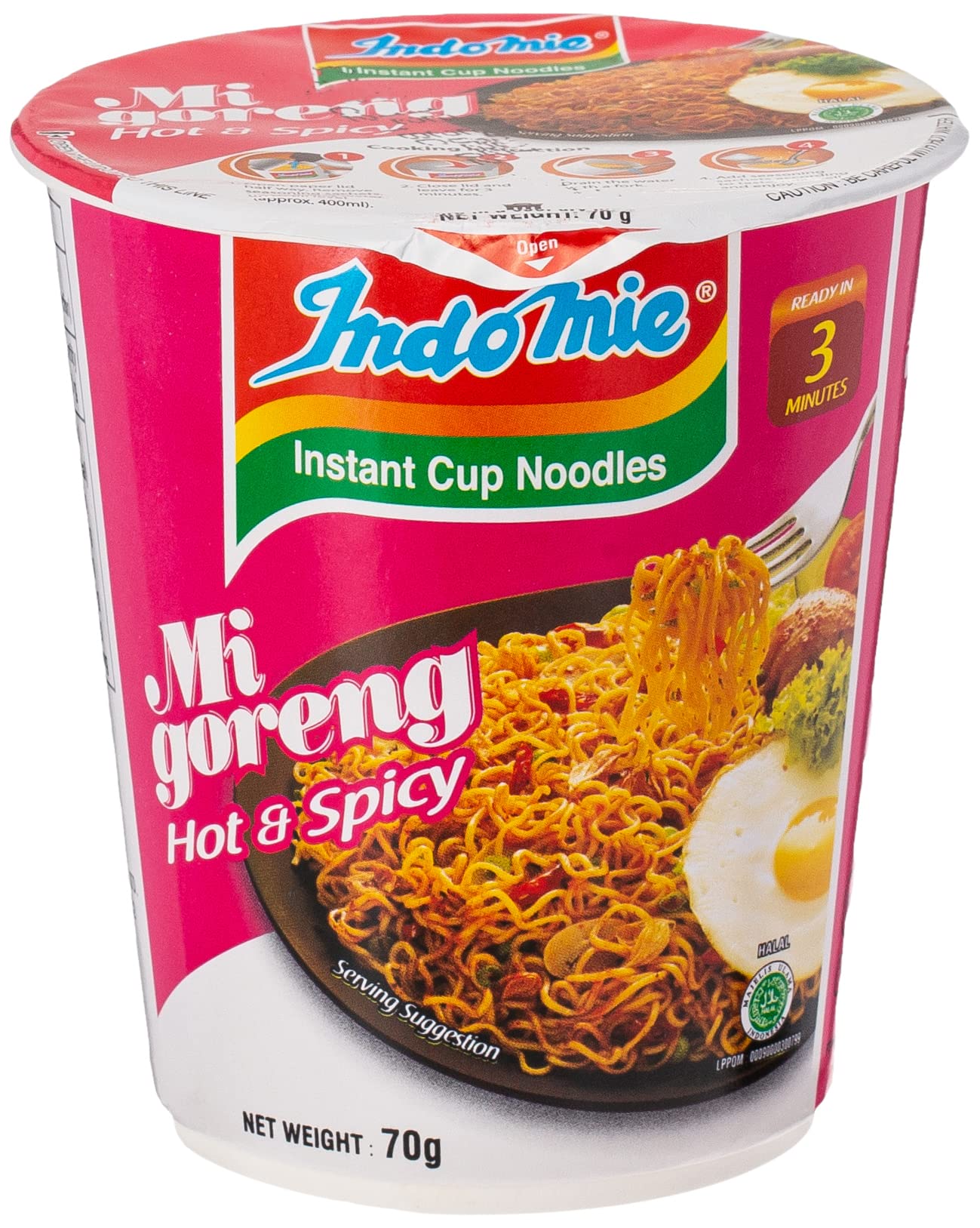 IndomieInstant Cup Fried Noodles, Hot & Spicy with Seasoning Powder and Sauce - 70 g