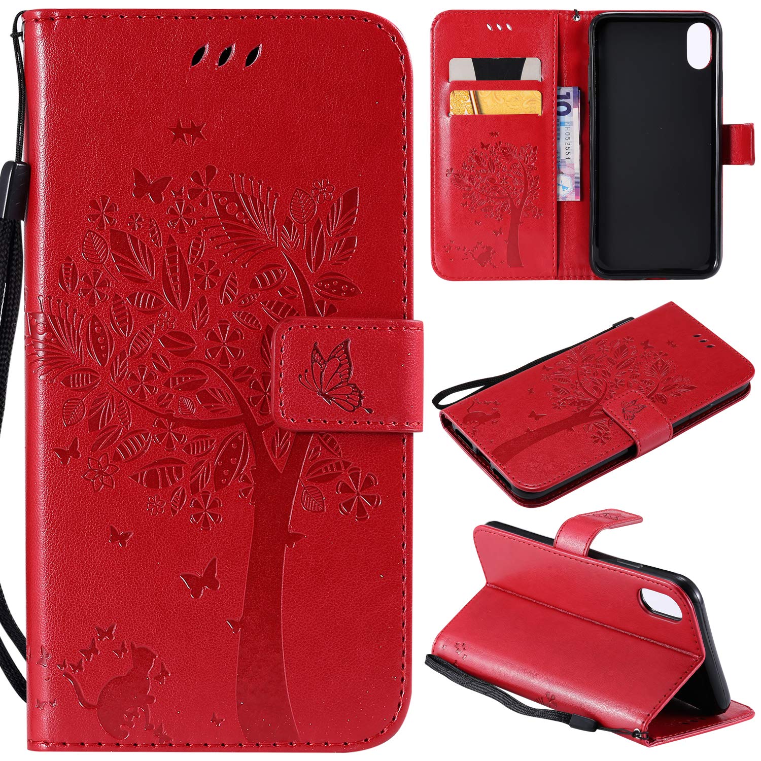 NOMO iPhone XR Case,iPhone XR Wallet Case,iPhone XR Flip Case PU Leather Emboss Tree Cat Flowers Folio Magnetic Kickstand Cover with Card Slots for Apple iPhone XR (6.1 inch) 2018 Release, Red