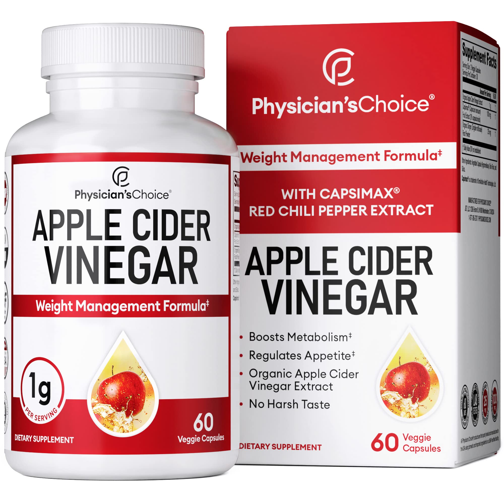 Organic Apple Cider Vinegar Capsules - Weight Loss Support (W/Patented Capsimax), Weight Management for Women & Men, Promotes Appetite Management, Metabolism Support, 60 Apple Cider Vinegar Pills