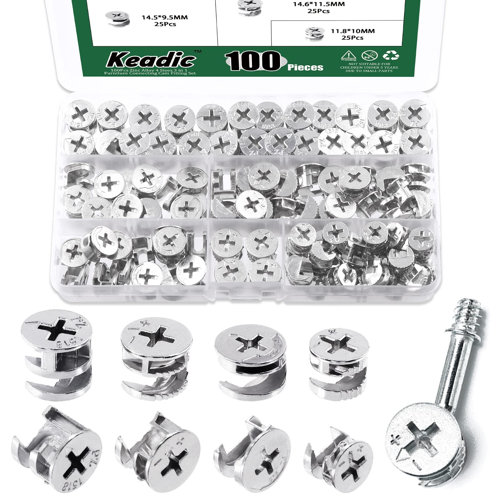 Keadic 100 Pcs 4 Sizes Furniture Connecting Cam Lock Fittings Assortment Kit, Heavy Duty Joint Connector Nut Cabinet Connectors Hardware Bolts for Wardrobe Drawer Closets Bed