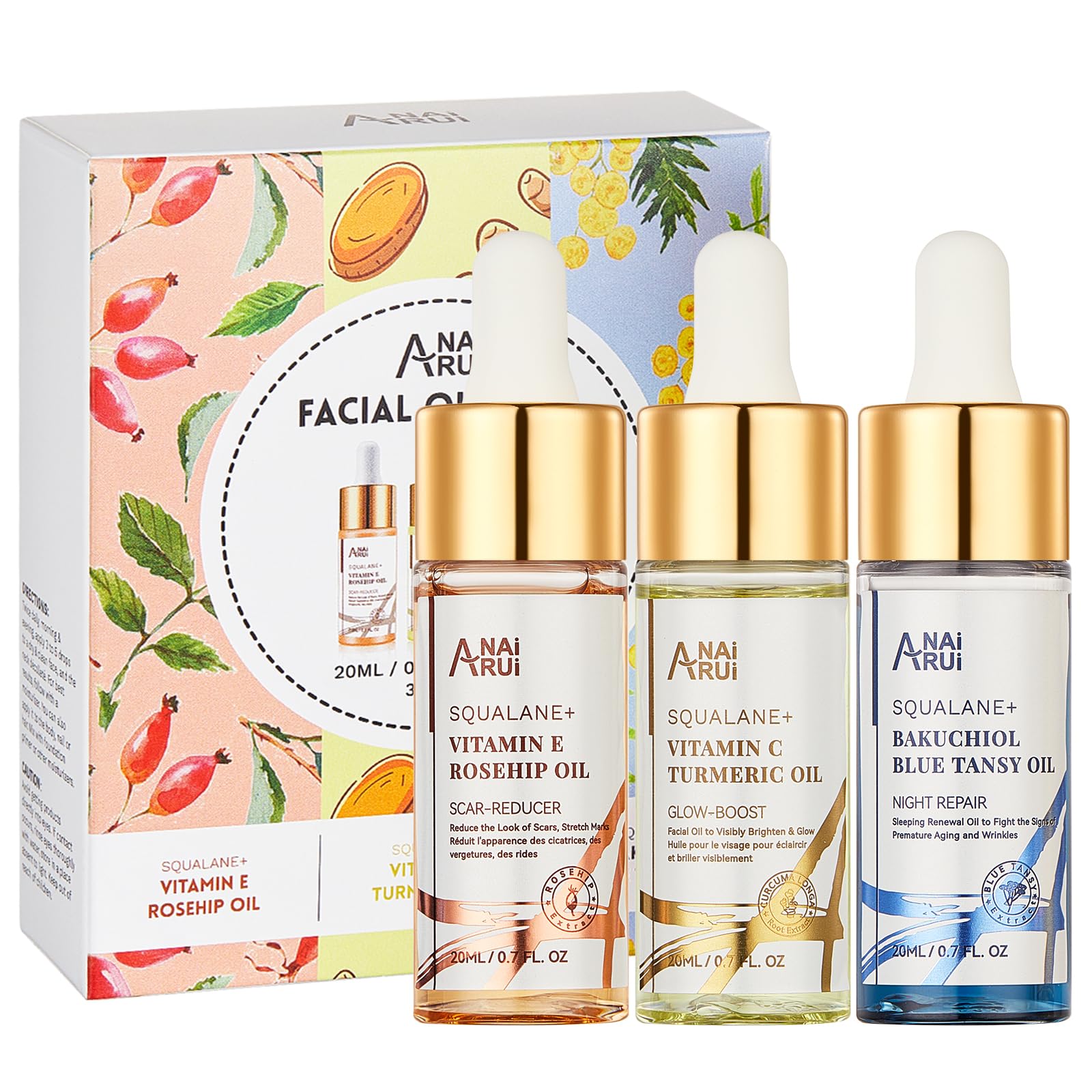 ANAiRUi Squalane Face Oil 3 Pack - Vitamin E Rosehip Oil + Vitamin C Turmeric Oil + Bakuchiol Blue Tansy Oil - Reduce Fine Lines & Wrinkles, Scar, Glow Booster, Nourish Skin