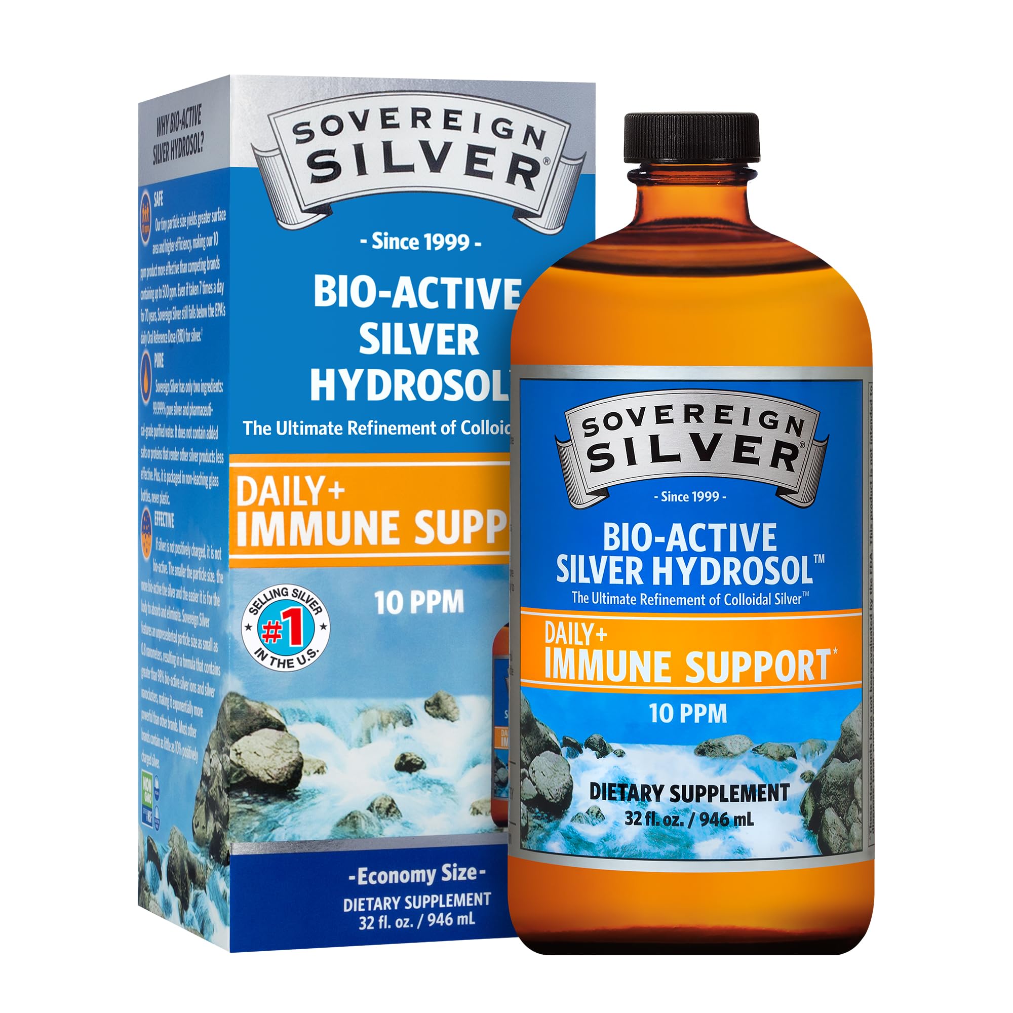 Sovereign Silver Bio-Active Silver Hydrosol For Immune Support - 10 Ppm, 32Oz (946ml) - Economy Size