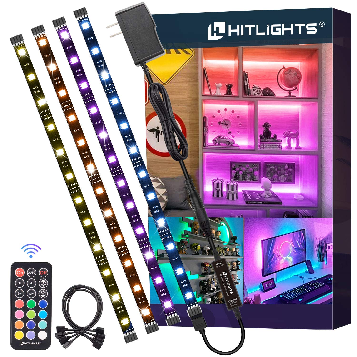 LED Strip Lights, HitLights 4 Pre-Cut 1ft/4ft Small Light Strips Dimmable, RGB 5050 Color Changing LED Tape Light with Remote and UL-Listed Adapter for TV Backlight, Bedroom, Cabinet Shelf Display