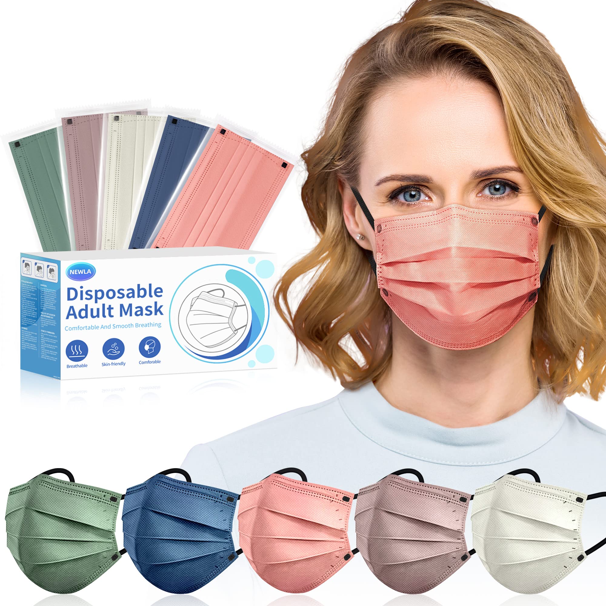 Face Mask Disposable Adult - 4 Ply Protection Masks 50 Pack Individually Wrapped Mask Multicolored Breathable Safety Masks for Women & Men