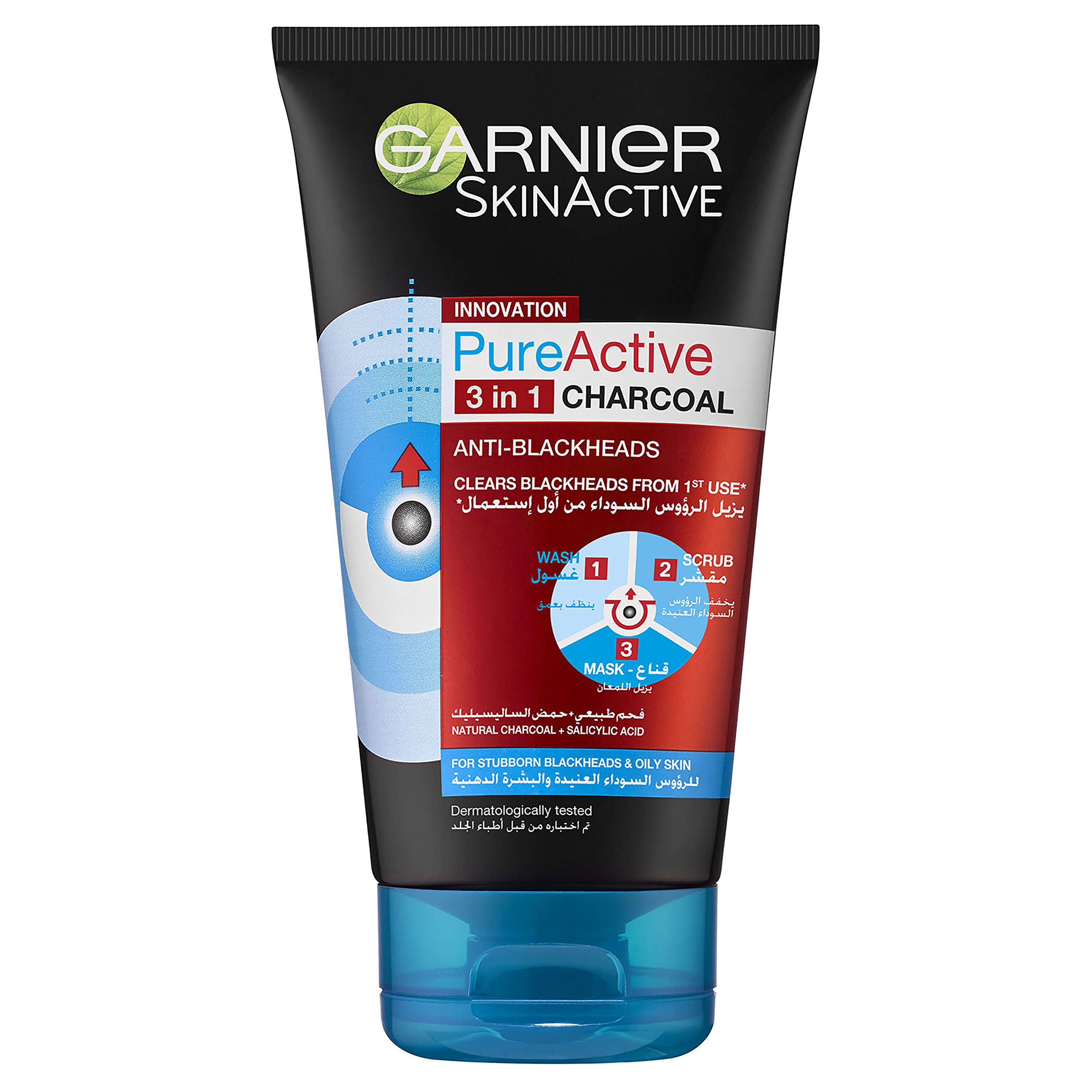 Garnier 3In1 Face Scrub, For Anti-Blackheads and Oily Skin, Unclogs Pores, With Pure Active Charcoal, Skinactive, 150ml