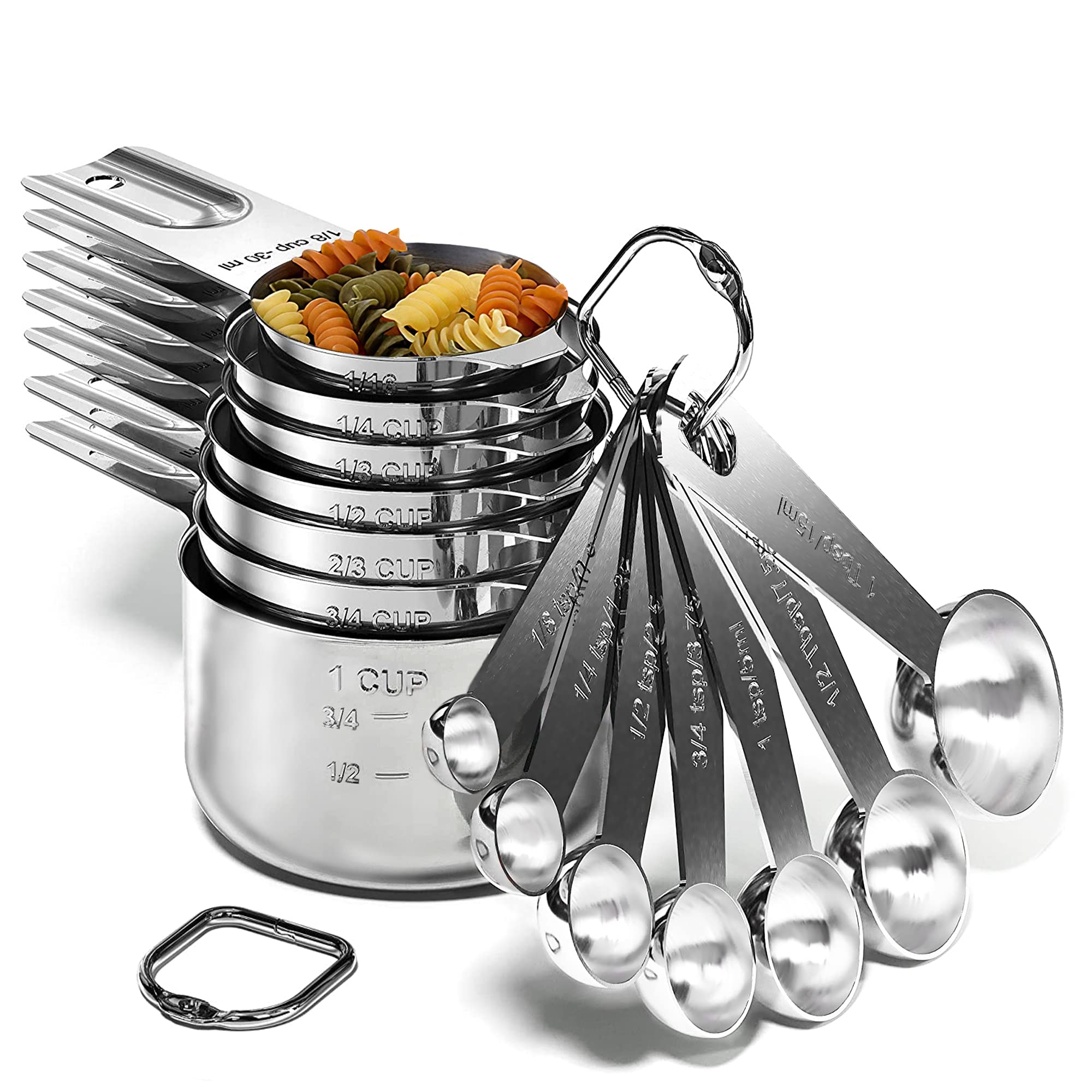 Stainless Steel Measuring Cups and Spoons Set of 17 Pieces - 7 Nesting Cups and 7 Stackable Spoons - Durable Professional Portable Kitchen Measuring Kit