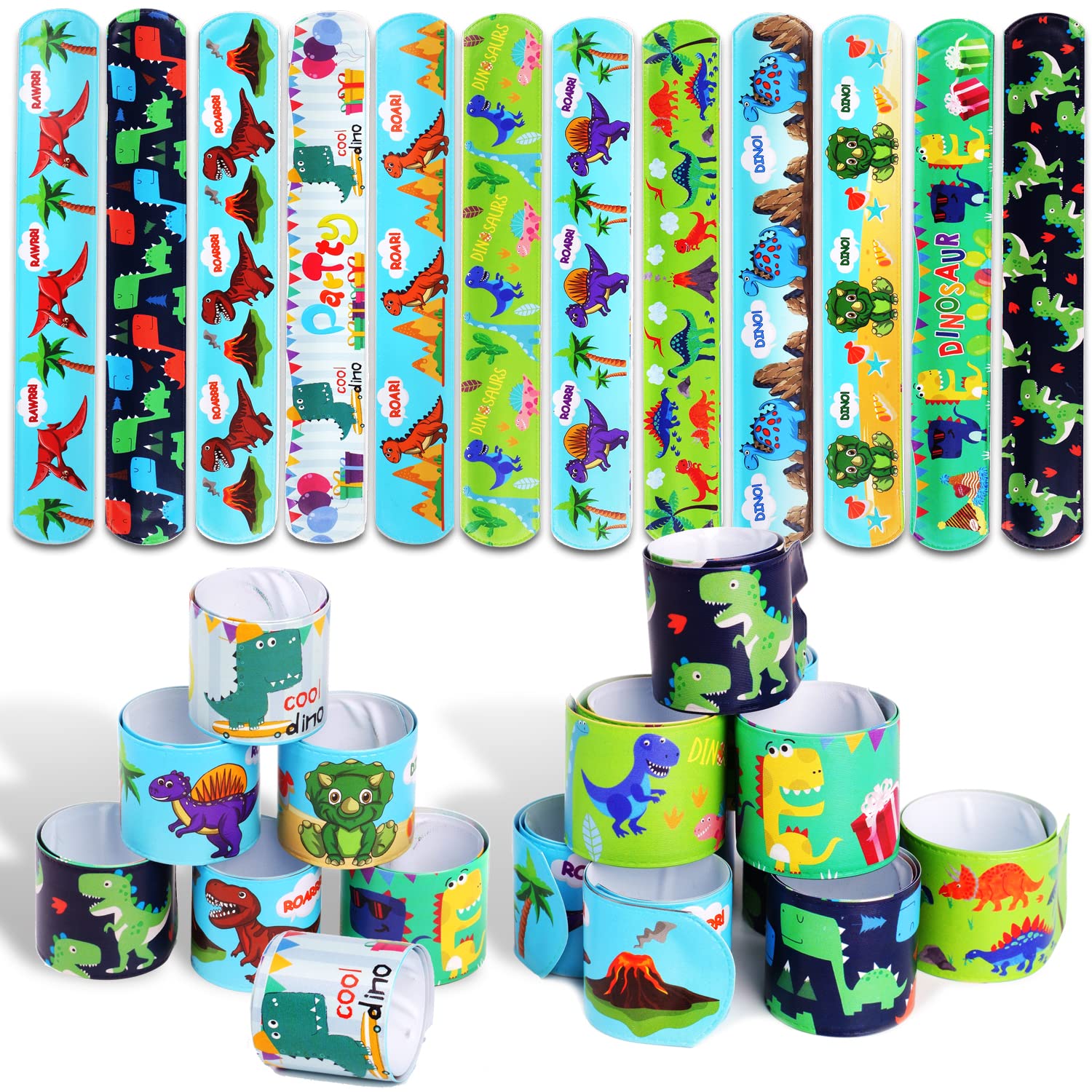 DERAYEE 24 Pcs Dinosaur Slap Bracelets for Kids, Jurassic Forest World theme Snap Bands Toy Gift Party Favor Supplies for Dino Party Bag