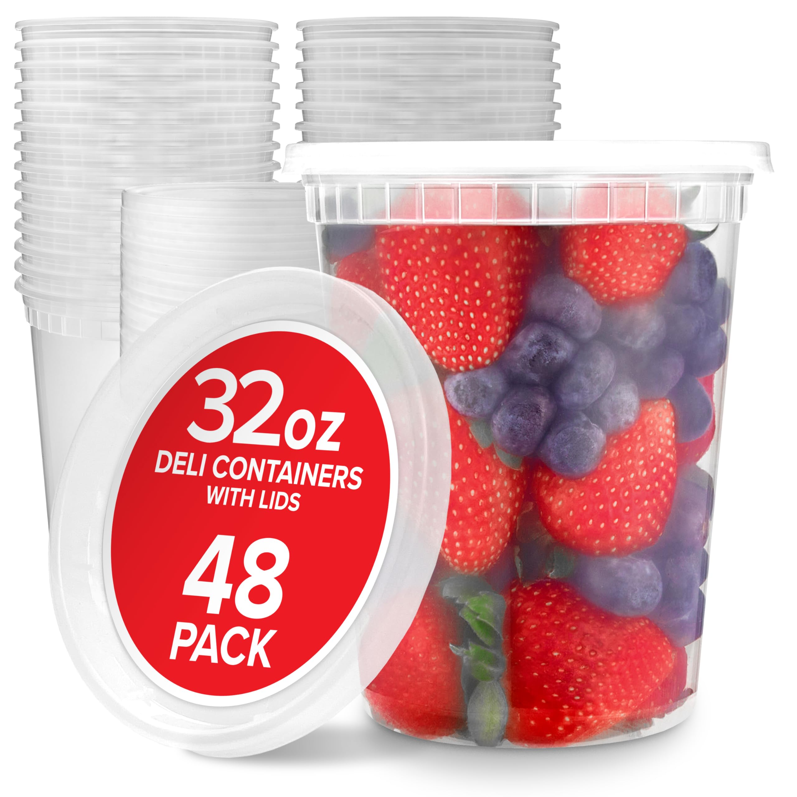 Stock Your Home 32oz Plastic Deli Containers with Lids (48 Pack), Disposable Plastic Food Storage Containers with Lids, Reusable Freezer Containers, To Go Soup Containers with Lids, Microwave Safe