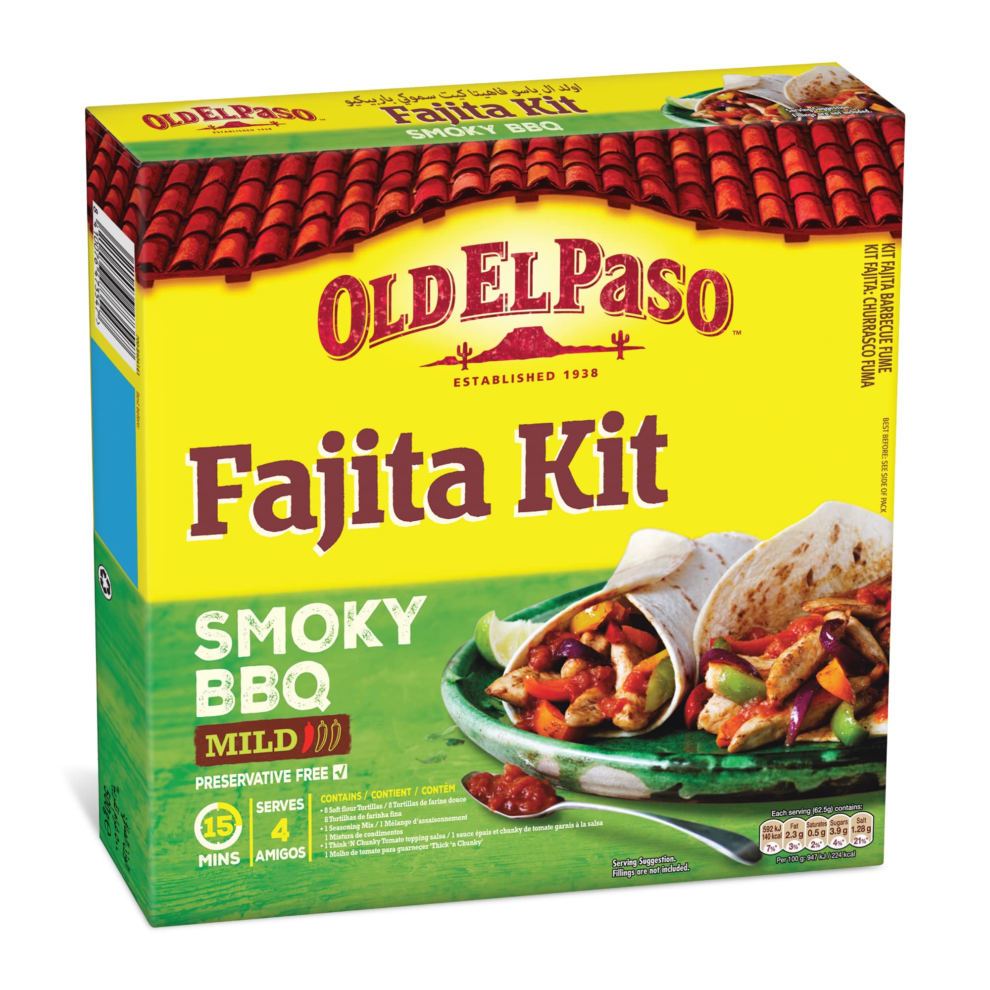 Old El PasoSmokey Fajita Kit, BBQ Mild, 500g, 8 Super Soft Flour Tortillas, Delicious and Easy to Make Fajita Kit