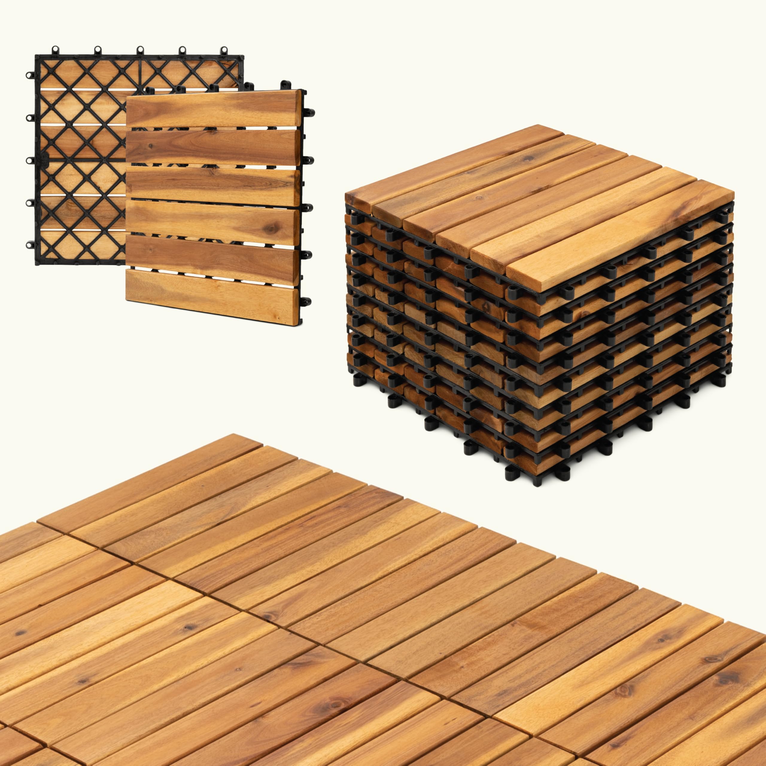 27PCS Acacia Hardwood Interlocking Patio Deck Tiles - 11.81’’x11.81’’ Deck Tiles Waterproof Flooring Tiles Outdoor Flooring for Patio Garden Deck Poolside - Gold Teak