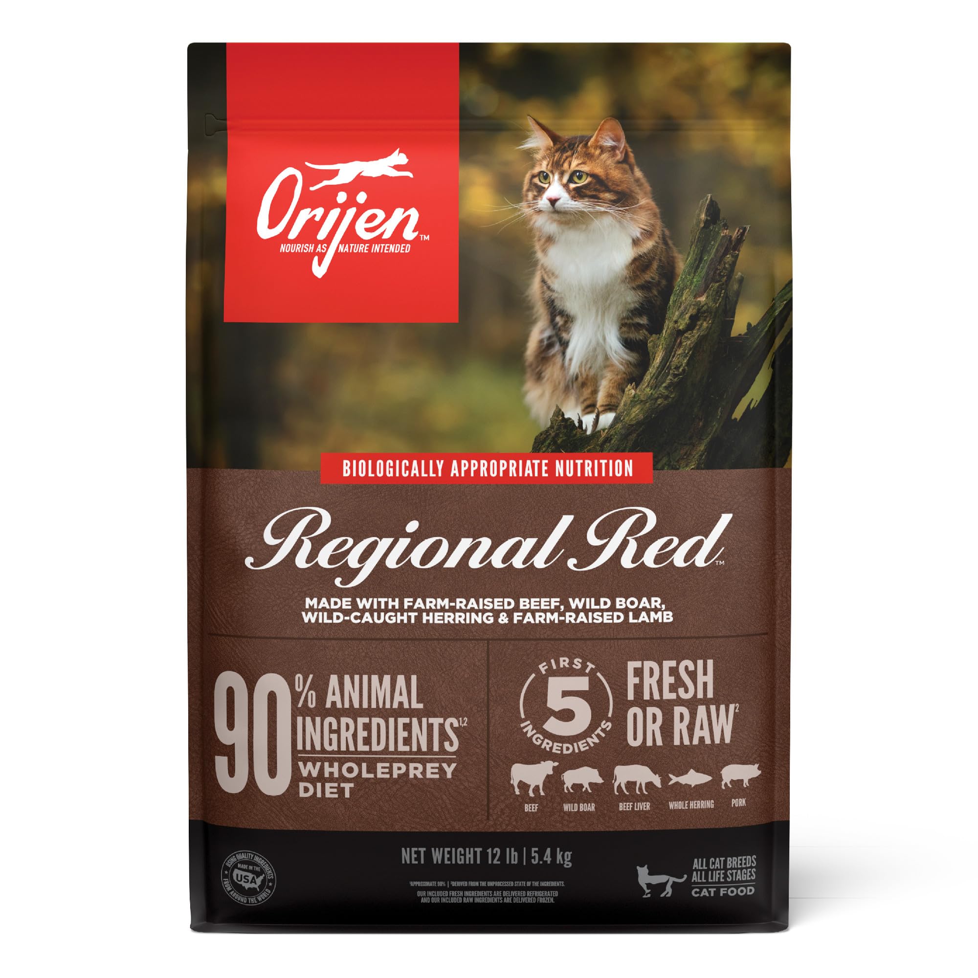 ORIJEN REGIONAL RED Dry Cat Food, Grain Free Cat Food for All Life Stages, With WholePrey Ingredients, 12lb