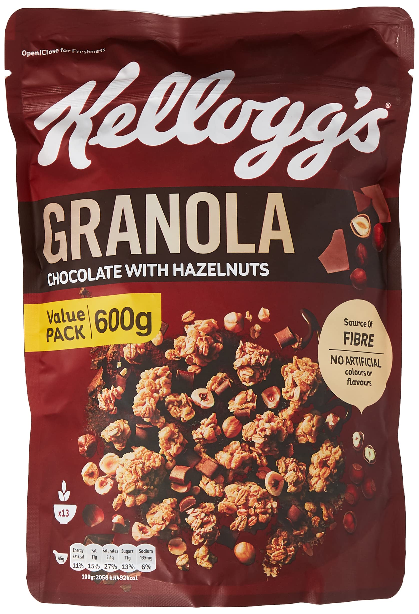 Kellogg'sGranola Chocolate With Hazelnut | 600g | Crunchy Multigrain Nourishment | Source of Fibre | High in Vitamin And Minerals (Zinc And Iron) | Ideal For Healthy Breakfast