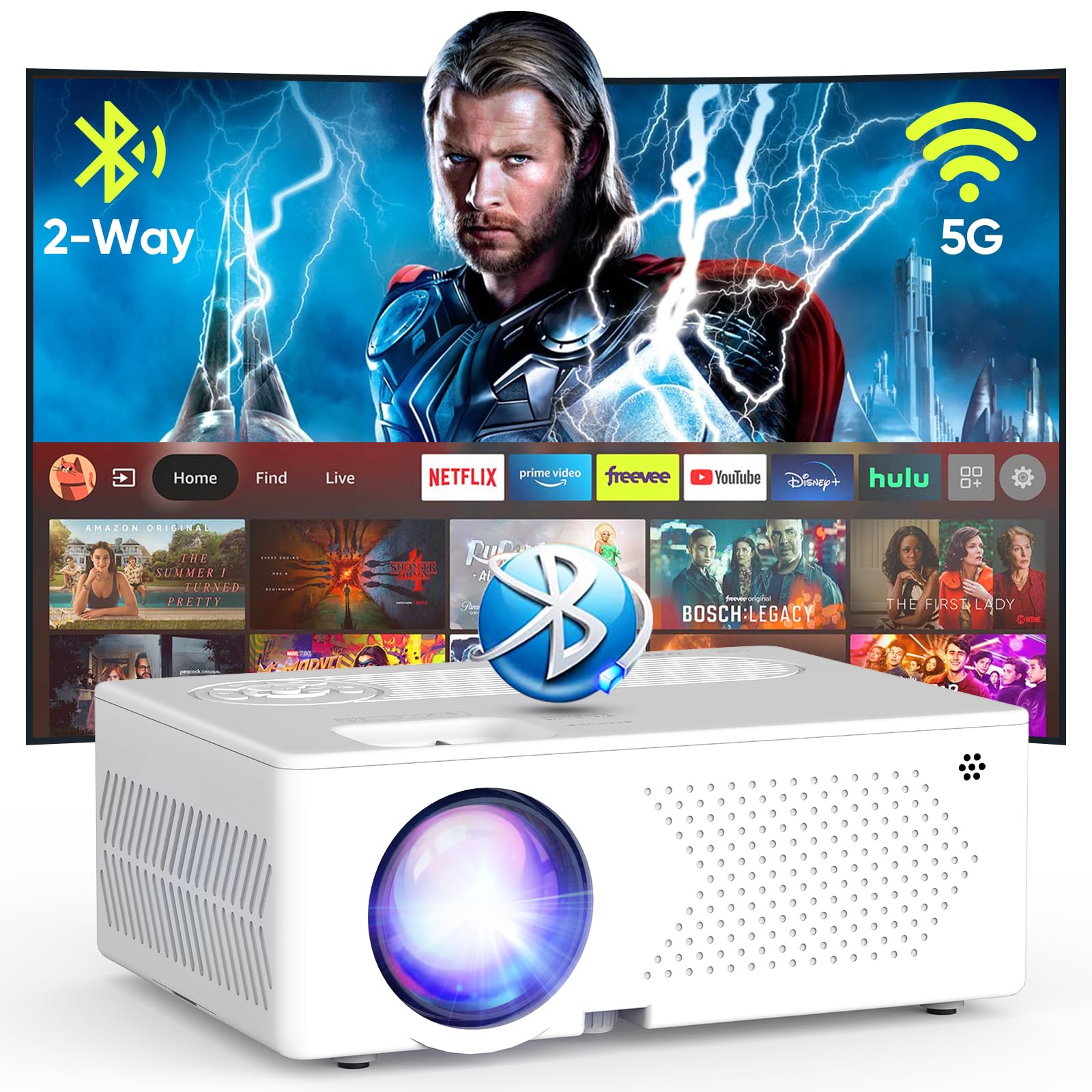 5G WiFi Bluetooth Projector, 16000 Lumens/450 ANSI Real Native 1080P 4K Outdoor Projector for Theater Movies, Synchronize Smartphone, Compatible W/TV Stick/HDMI/PS4