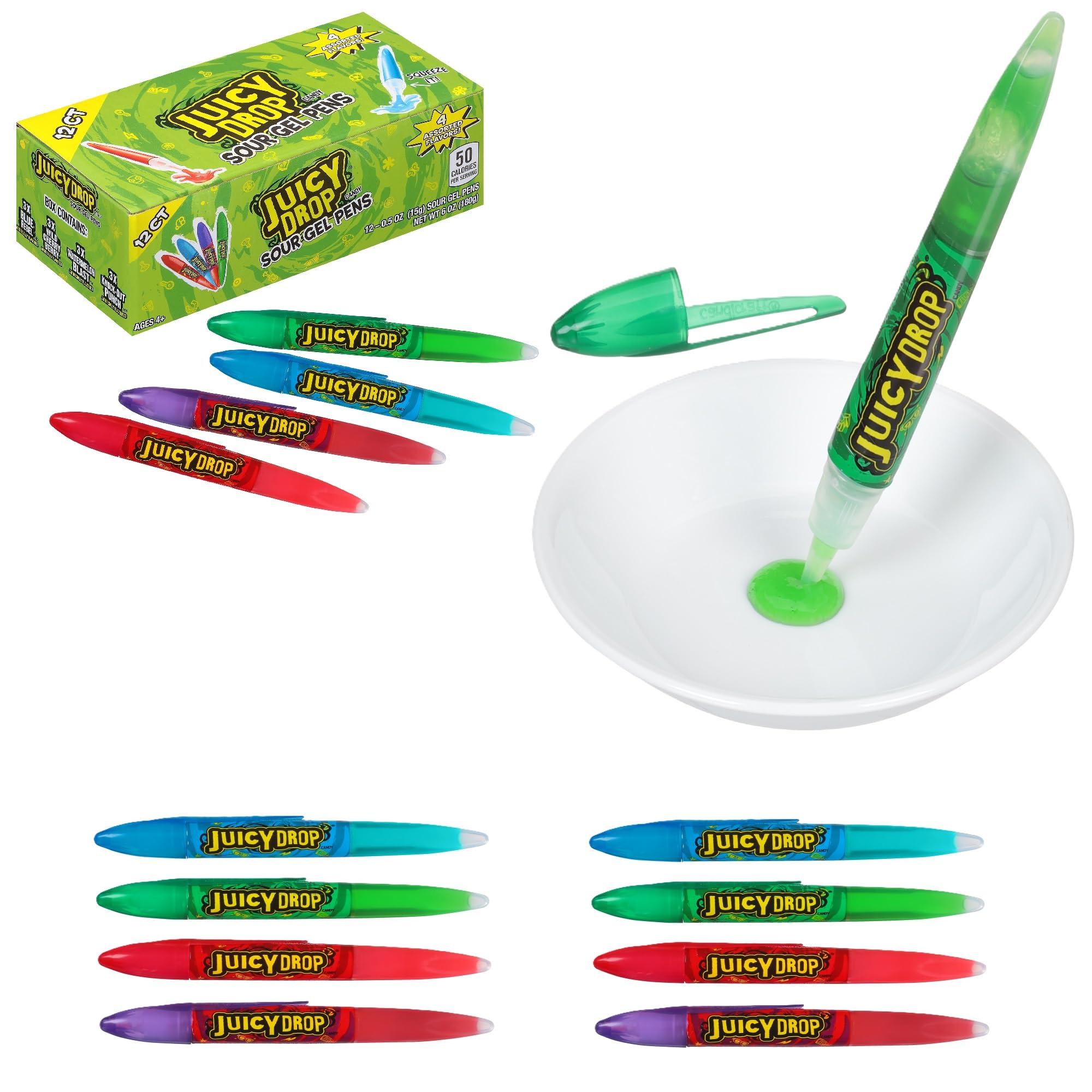 Juicy Drop Holiday Sour Candy Gel Pen - 12 Ct Sour Candy Gel Pens in Assorted Fruity Flavors - Sour Candy Variety Pack For Stocking Stuffers, Party Favors, Holiday Candy Gifts For Kids