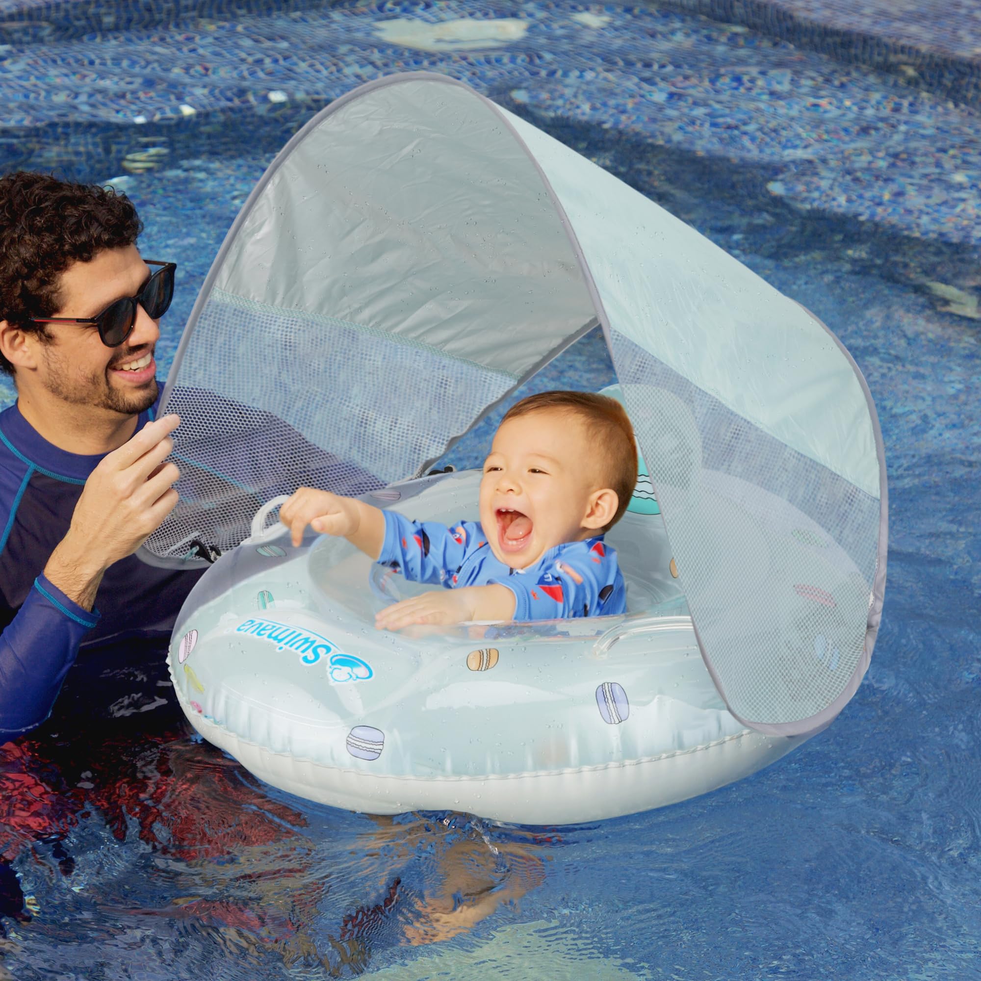 swimavaG3 Seat Ring with Canopy - Inflatable Swimming Float for 6-12 Months, Foldable Lightweight Pool Swim Training Aid for Babies, Infants and Toddlers with Double-Layer Airbag (Le Macaron)