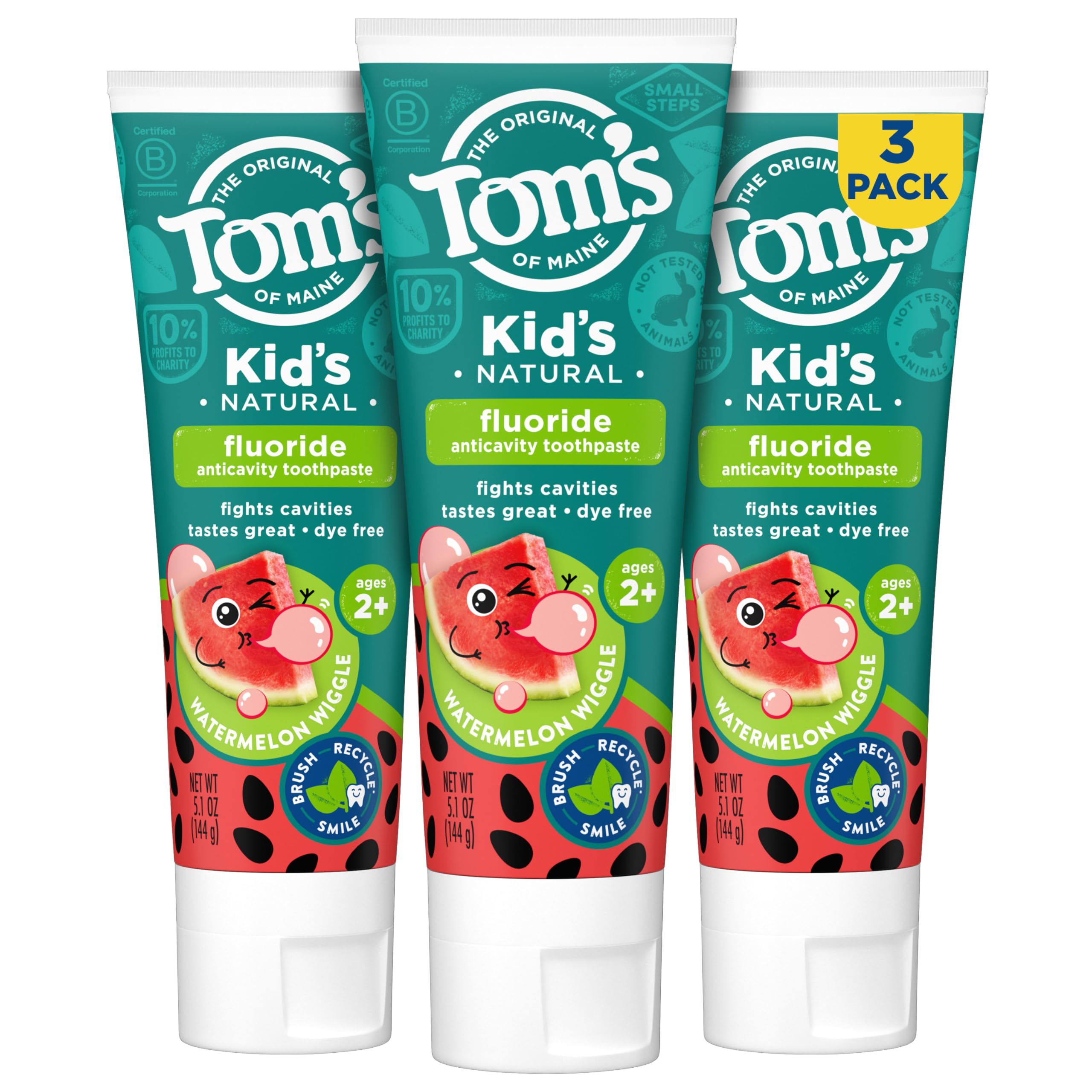 Tom's of Maine Kid's Natural Fluoride Toothpaste, Watermelon, 5.1 oz. 3-pack