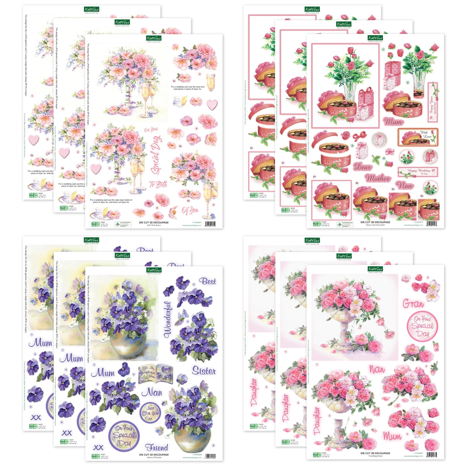 Katy Sue Soft Pinks & Purples Die Cut Decoupage Collection for Card Making Supplies. Contains 12 Sheets of Katy Sue Die Cut Decoupage Featuring Roses, Pansies, & Sentiments