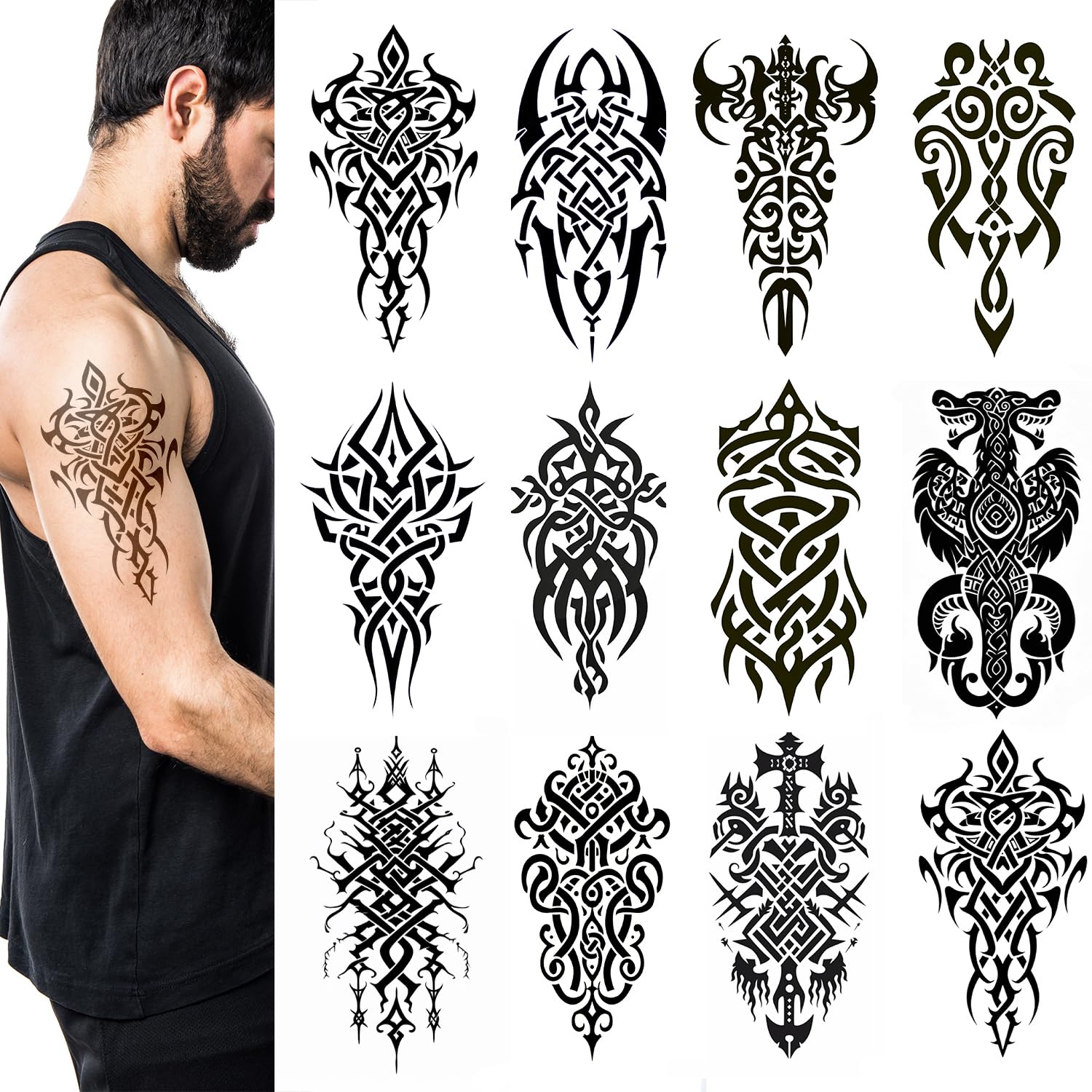 Large Temporary Tattoos for Men Women 12 Sheets Fake Tribal Tattoo Stickers Realistic