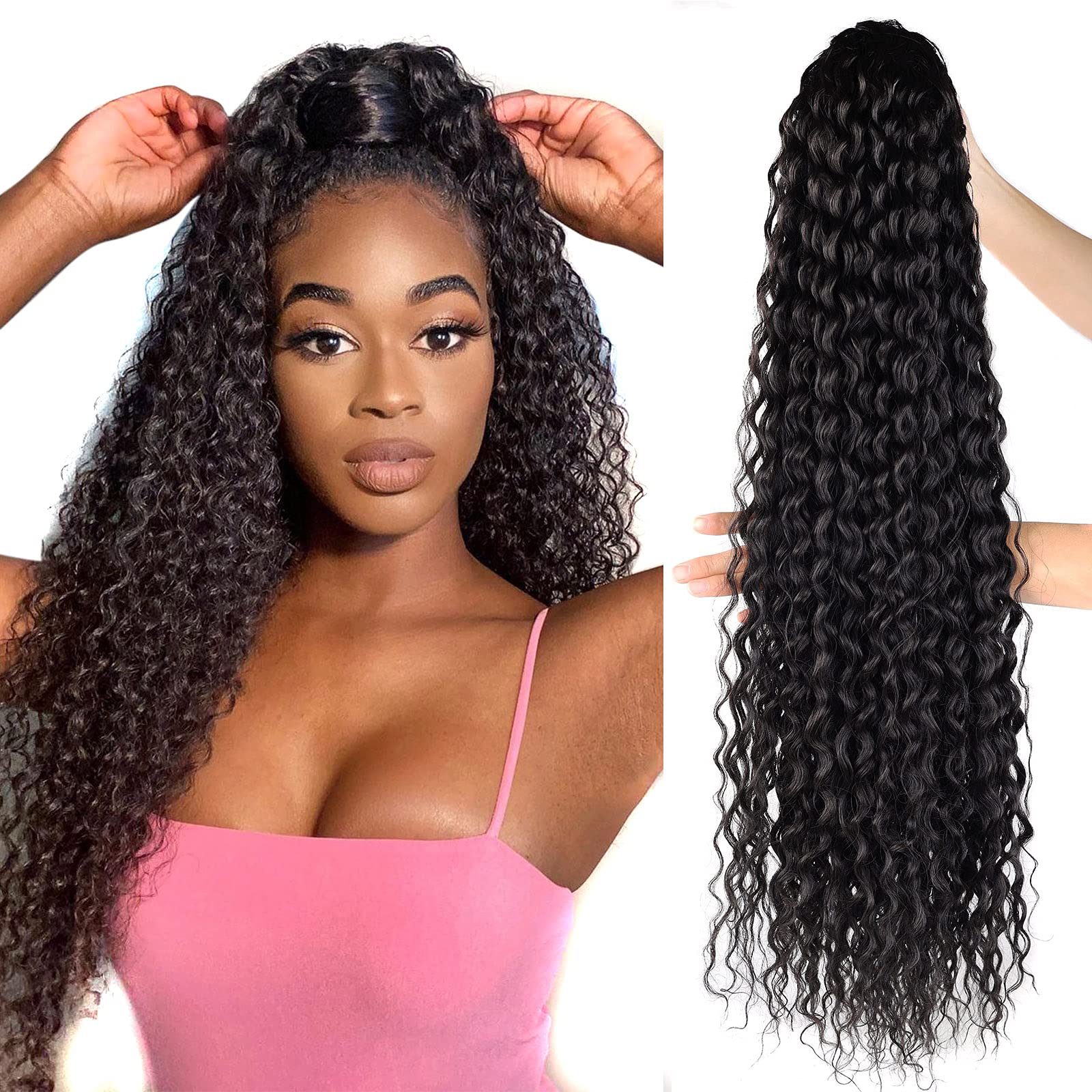 30inch Long Curly Ponytail Extensions Drawstring Wavy Hair Extension Ponytails Clip in Natural Hair Ponytail Extensions Synthetic Drawstring Ponytail Kinky Curly for Women(#2 Darkes Brown)…