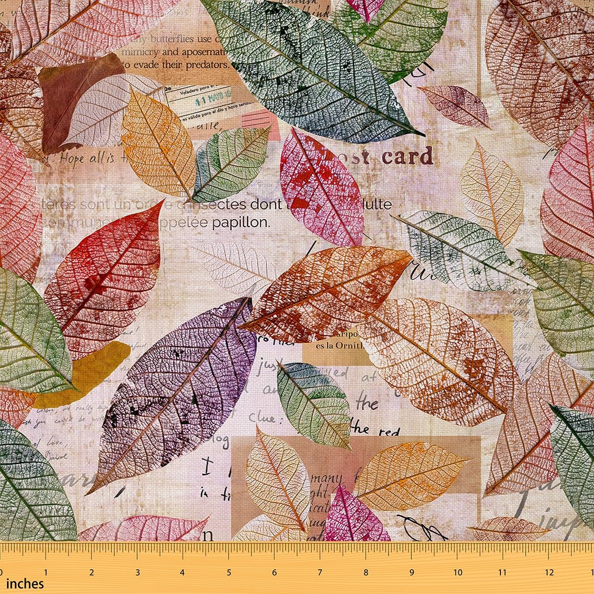 Castle Fairy Colorful Leaves Fabric by The Yard,Village Country DIY Art Waterproof Fabric,Retro Old Newspapers Print decor Waterproof Fabric,Autumn Fallen Leaves Upholstery Fabric,1 Yard