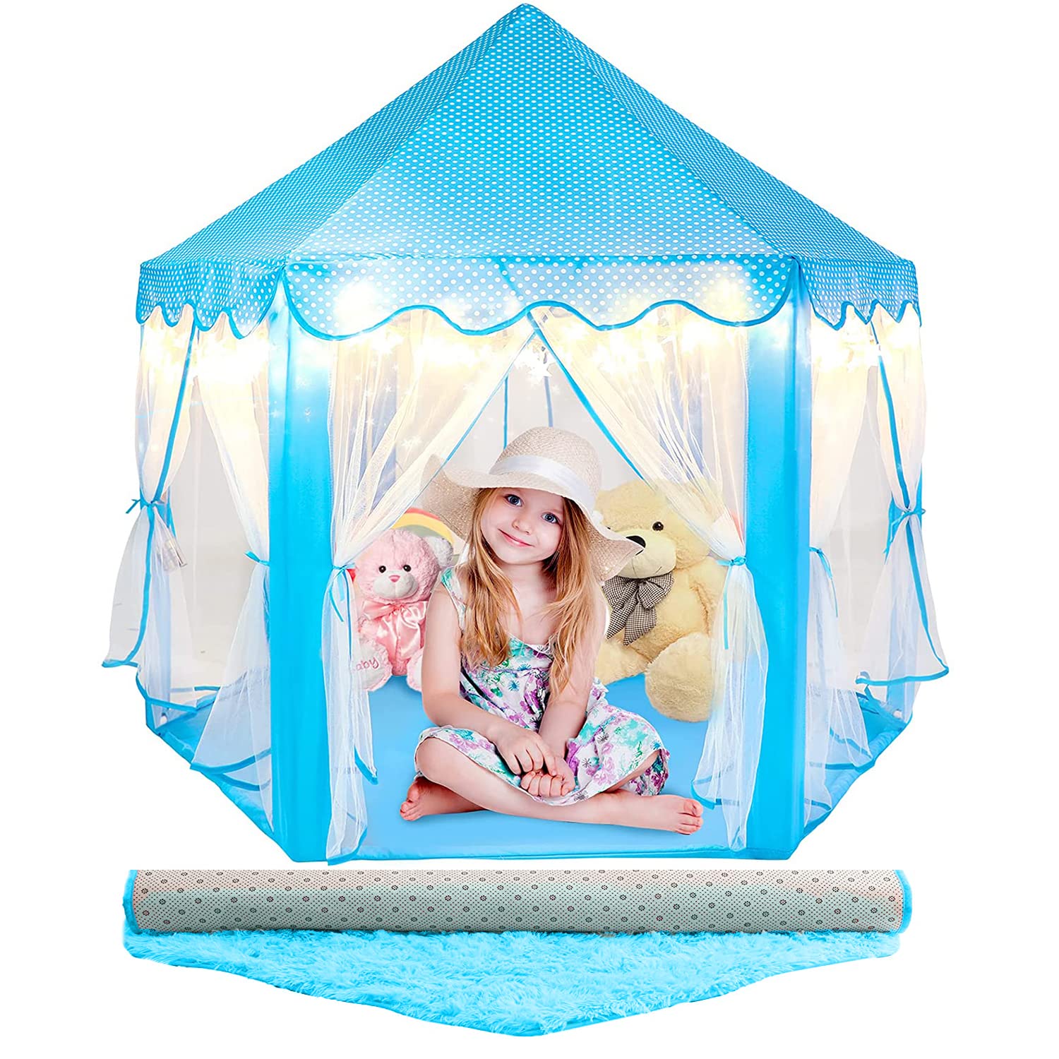 Arabest Large Playhouse Kids Castle Play Tent with Star Lights and Soft blue Floor Mat, Toy for Children Indoor and Outdoor Games, 55'' x 53'' (With blue mat)