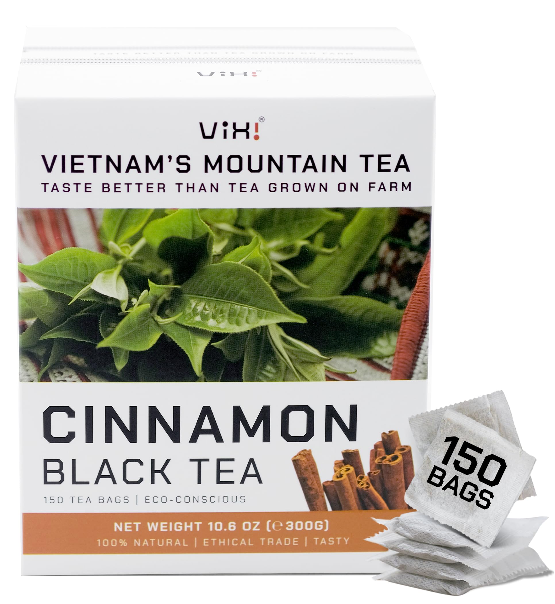 VIXIVIXI Flavored Cinnamon Stick Black Tea Bags, 150 Counts, Vietnam's Mountain Tea, Herbal Tea, Bold Flavored, Tagless, Family Size, 100% Natural, Plended by Hand for Hot and Cold Brew