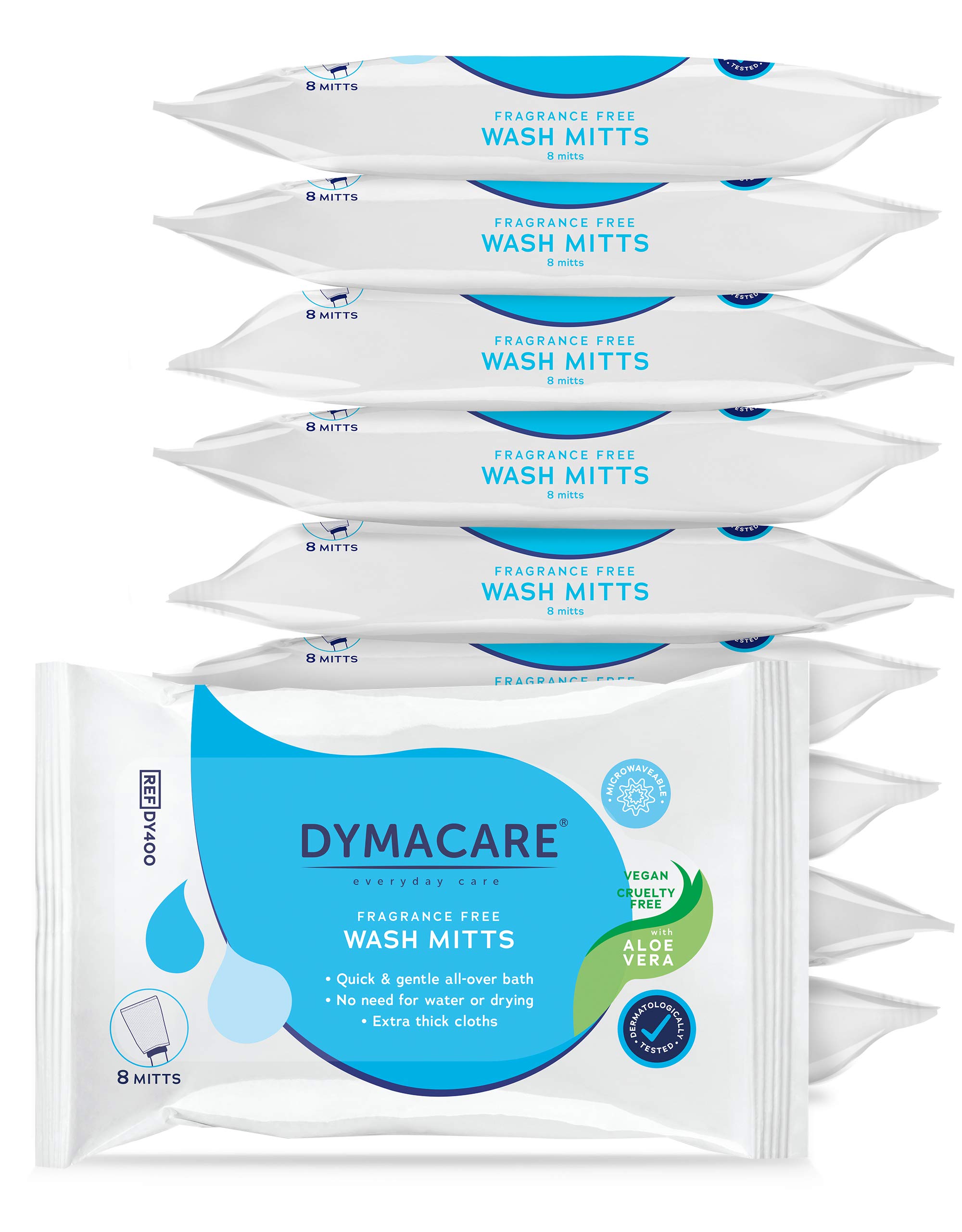 DymacareFragrance-Free Wash Mitts | Rinse Free Microwaveable Adult Bed Bath Skin Cleansing Cloths | Wet Wash Gloves with Aloe Vera