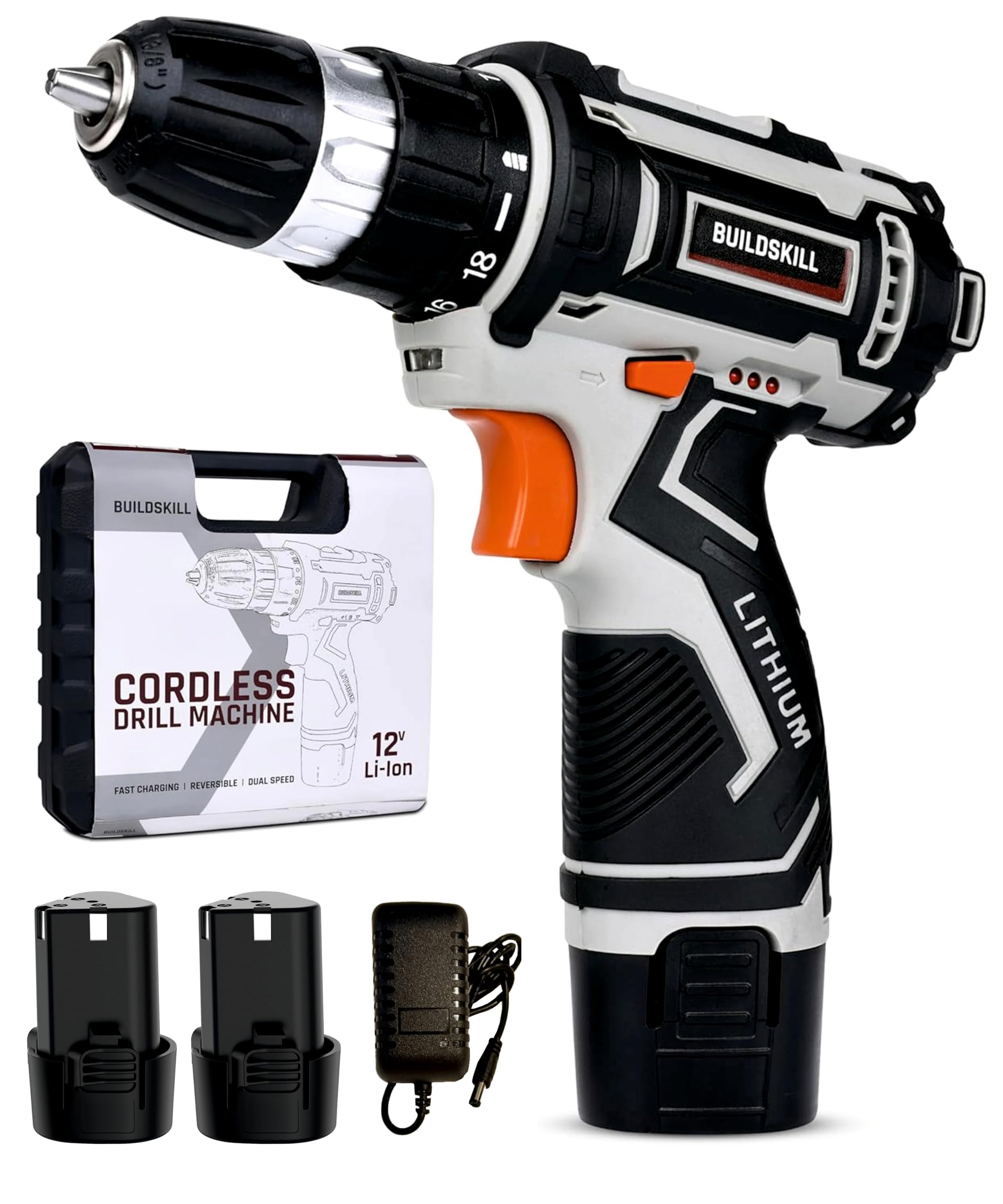 BUILDSKILL 12V Cordless Drill Machine for Home Use | 10MM Keyless Chuck | 2x1.5 Ah Battery | Charger | Variable Speed | LED Light | Storage Case | Battery Drill Machine | 6 Months Warranty